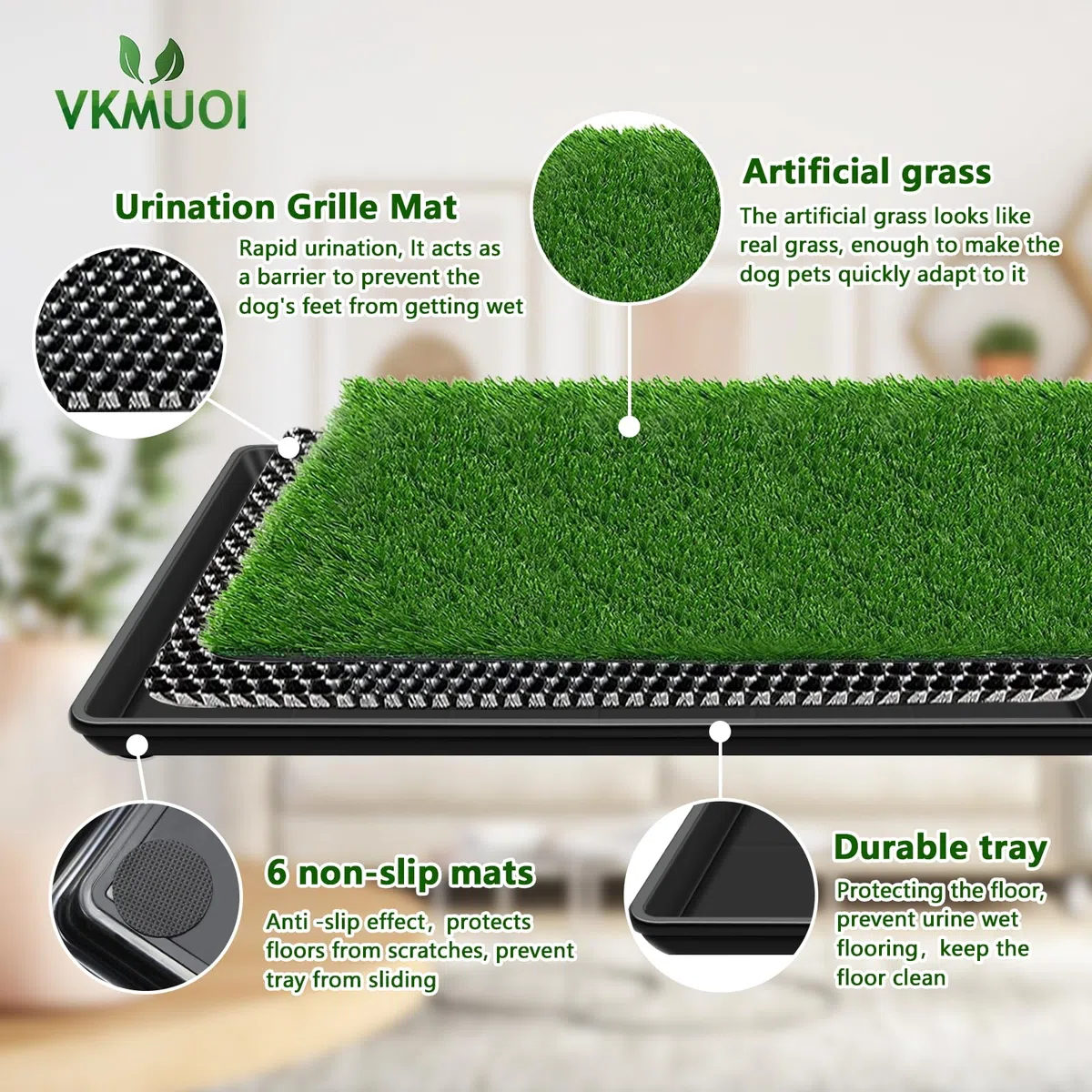 Hundegras-Pads mit Tablett Kunstrasen für Hunde zum Pinkeln auf künstliches Töpfchengras mit Tablett für Outdoor-Indoor-Katzentoilette für Welpen-Töpfchentraining(60 x 90 cm)