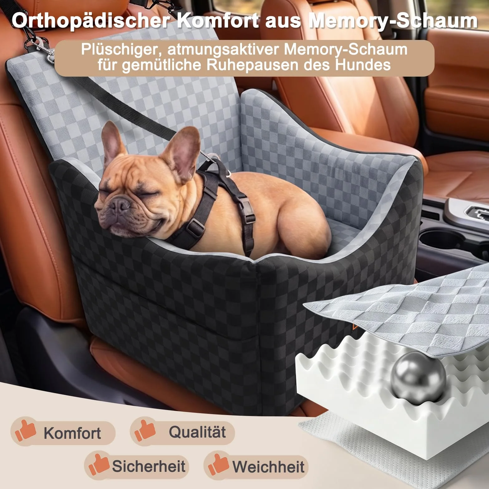 JOEJOY Hunde Autositz für kleine bis mittlere Hunde, Waschbarer Hundesitz Auto mit Aufbewahrungstaschen, Verdickter Memory-Schaum-Füllung, Hundeautositz Sitzerhöhung Hundesitz für Rückbank Vordersitz