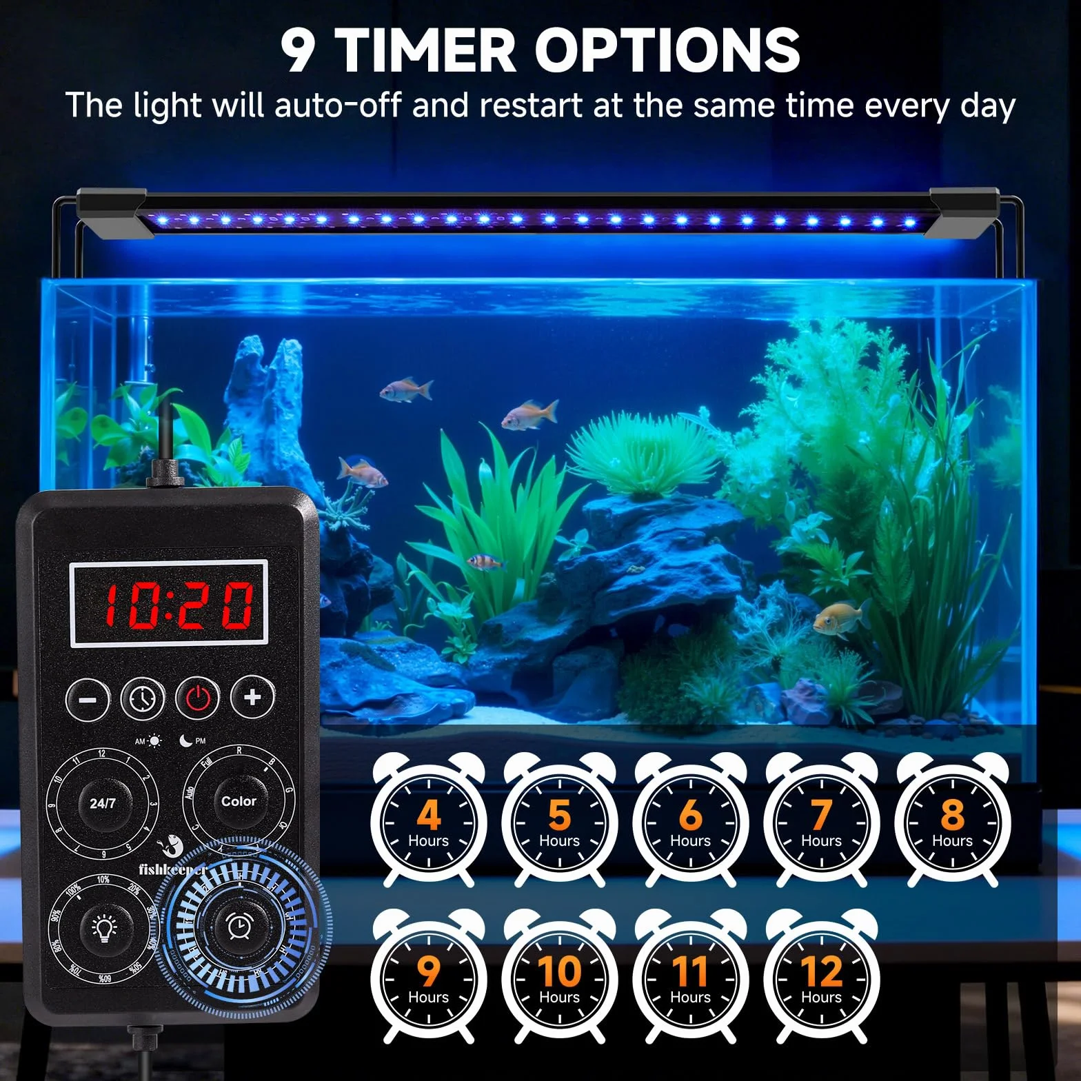 fishkeeper Intelligente Aquarium Lampe, IP68 Aquarium Beleuchtung LED mit Ein-Knopf-Echtzeit-Sync & Speicherfunktion, 24/7 Vollspektrum Pflanzenlampe Programmierbar 9 Farben, 10 Helligkeit, 9 Timer