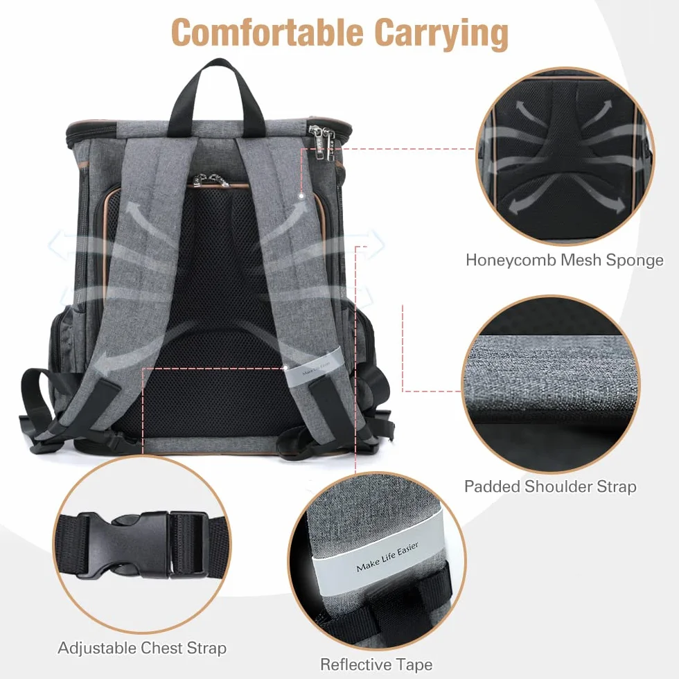 Lekesky Erweiterbar Katzenrucksack Hunderucksack für Katzen und Kleine Hunde, Faltbare Haustier Rucksack mit Innerer Sicherheitsleine und 2 Haustiermatte, Grau, M