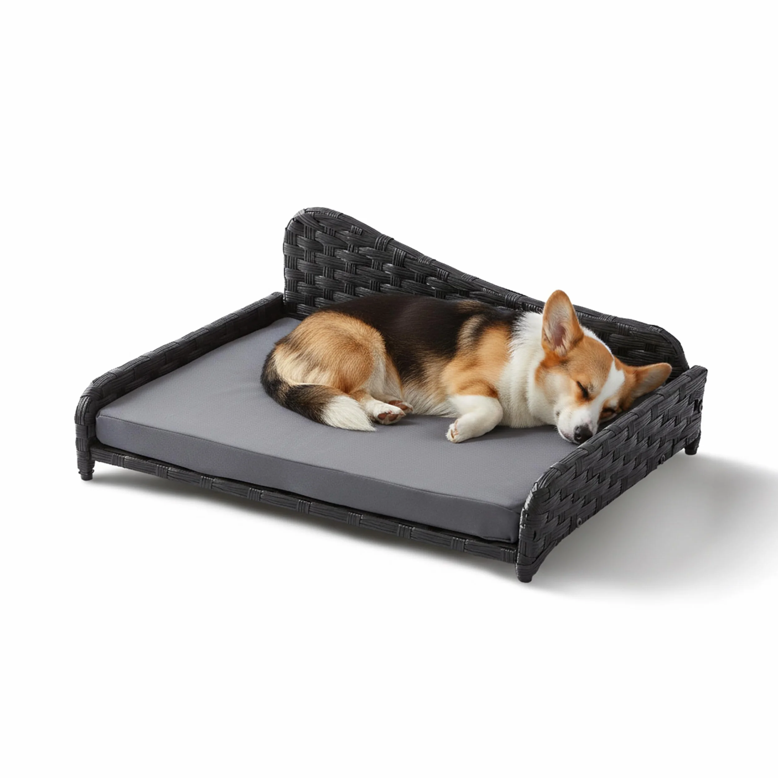 Relaxdays Hundebett Rattan, L, HBT: 25x63x46 cm, erhöhtes Hundeliege mit Kissen, Hundesofa, Outdoor & Indoor, grau