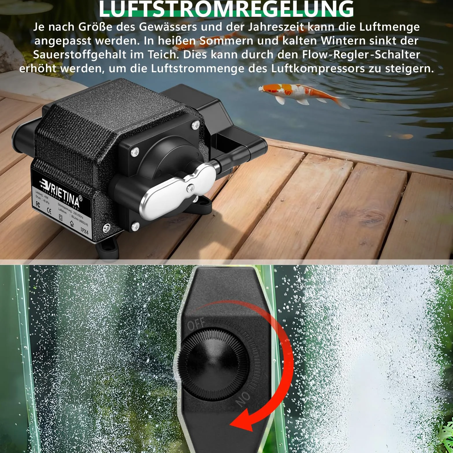 40 Watt Aquarium Luftpumpe mit Dual-Kanal-Kupfermotor, Aluminiumgehäuse, Leistungsstark Teichbelüfter, Max Teichinhalt 72 m³, Durchflussrate 80L/Min, Ideal für Großen Aquarien und Teichen