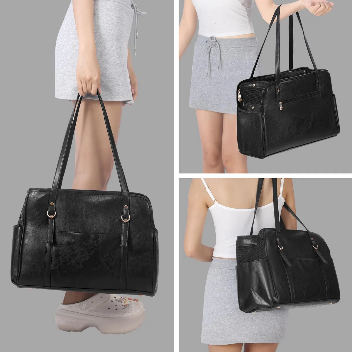 Lasaviin Hundetragetasche, modische Leder-Haustier-Tragetasche mit Taschen, von Fluggesellschaften zugelassen, weiche Seiten, für Welpen, Katzen, Hunde, Schwarz