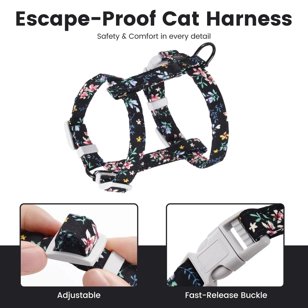 PETTOM Blumenmuster katzengeschirr mit Leine katzenleine mit Geschirr für Katzen mit Rundes Schlüsselband Ausbruchsicher Einstellbarer Brustgurt Geeignet für kleine und mittlere Katzen