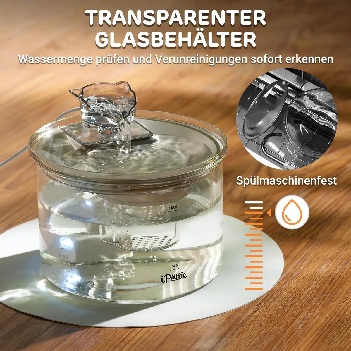 iPettie G01 Glas Katzenbrunnen, Trinkbrunnen für Katzen und Hunde 2L/68oz mit 2 Sprühaufsätzen, 3-stufiger Filtration, Automatischer Wasserspender aus Glas & Edelstahl