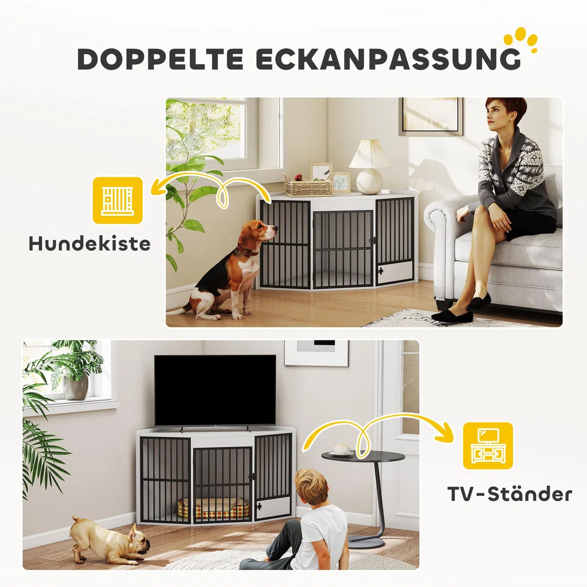 PawHut Eck-Hundekäfig Hundebox für Zuhause, Abschließbare Hundehütte Indoor mit drehbare Fütterungstür Hundehaus für kleine/mittlere Hunde Weiß 113 x 80 x 64 cm