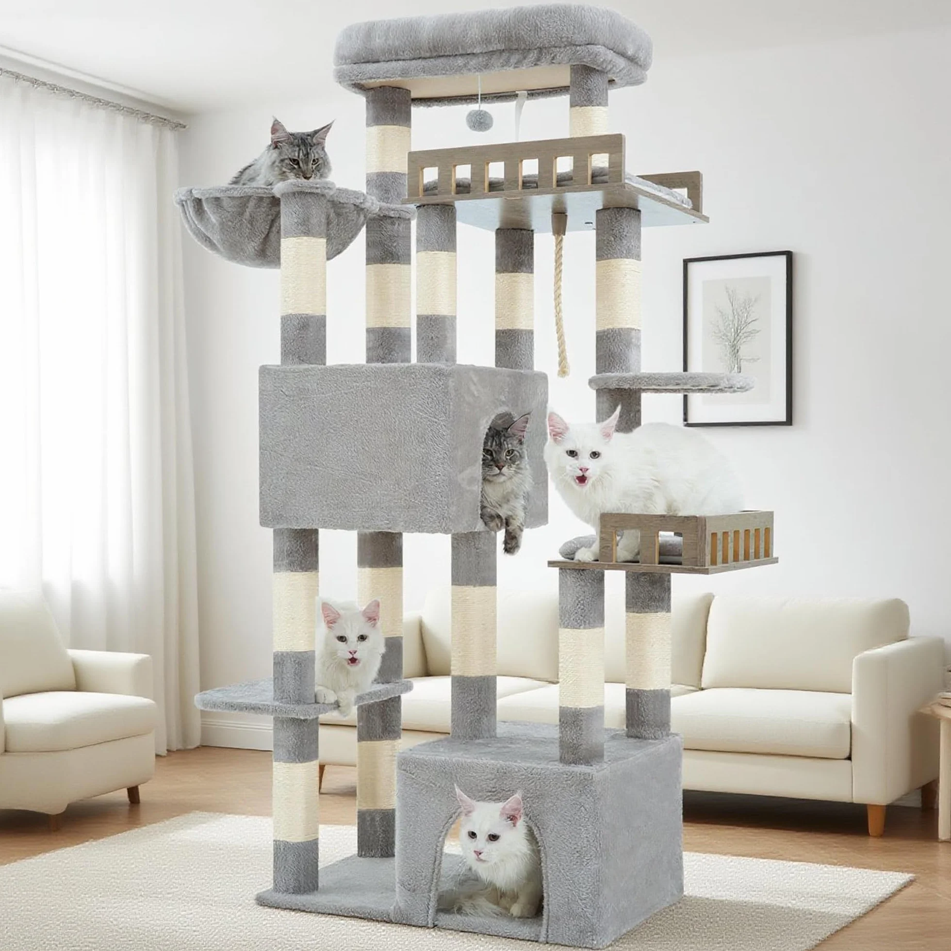 Gitelsnour Kratzbaum groß, Katzenbaum für große ausgewachsene Katzen, 174cm Katzenkratzbaum mit Hängematte, 2 große Sitzstangen, 2 Katzenhöhlen,15 Kratzstangen, Hellgrau GCT033W