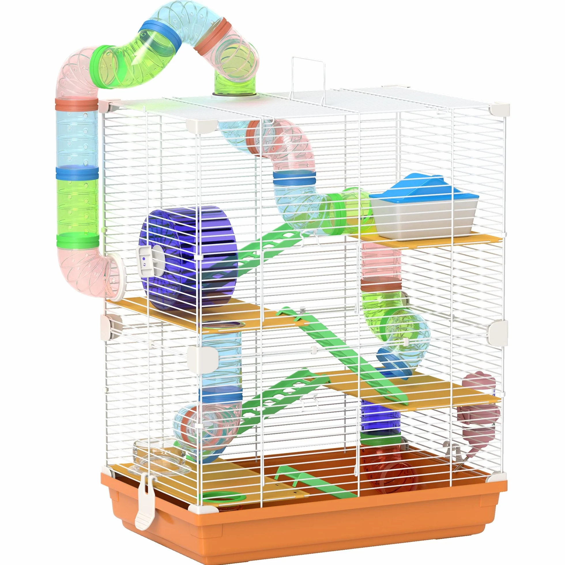 PawHut Käfig für Hamster, Nagetiere, 4 Etagen, mit Tunneln, Futternapf, Laufrad, Haus, Leitern, Maße: 46L x 30B x 58H cm, Orange