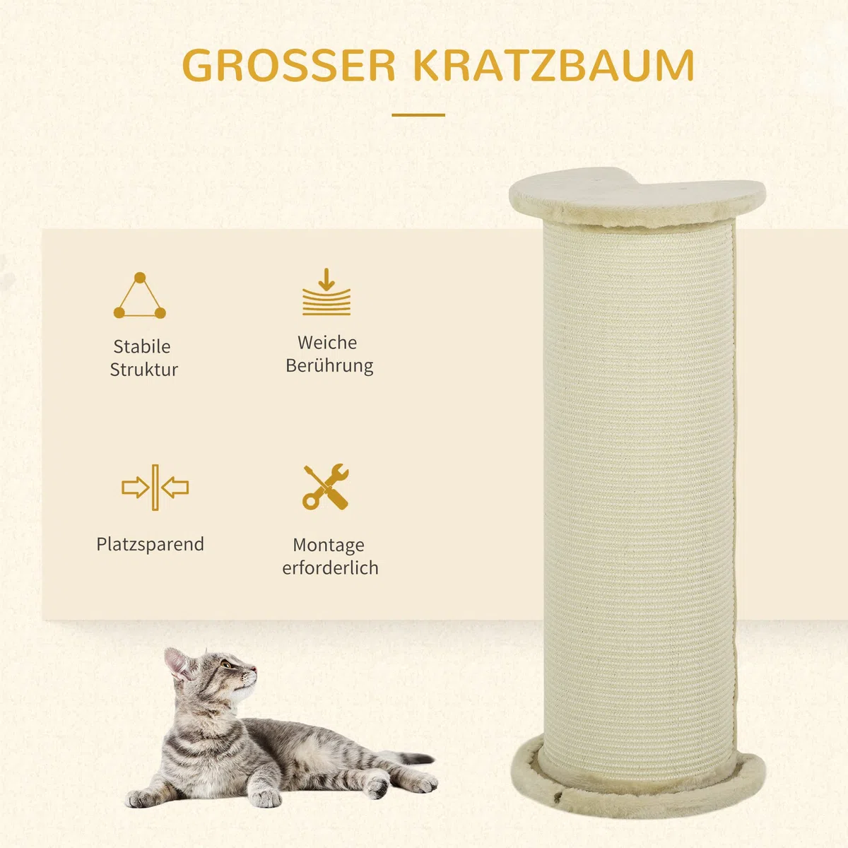 PawHut Kratzbaum 85 cm Hoch Kratzsäule Kratzstamm mit Sisalseil, Kippschutz Katzenkratzbaum Katzenbaum für mittelgroße Katzen, Cremeweiß