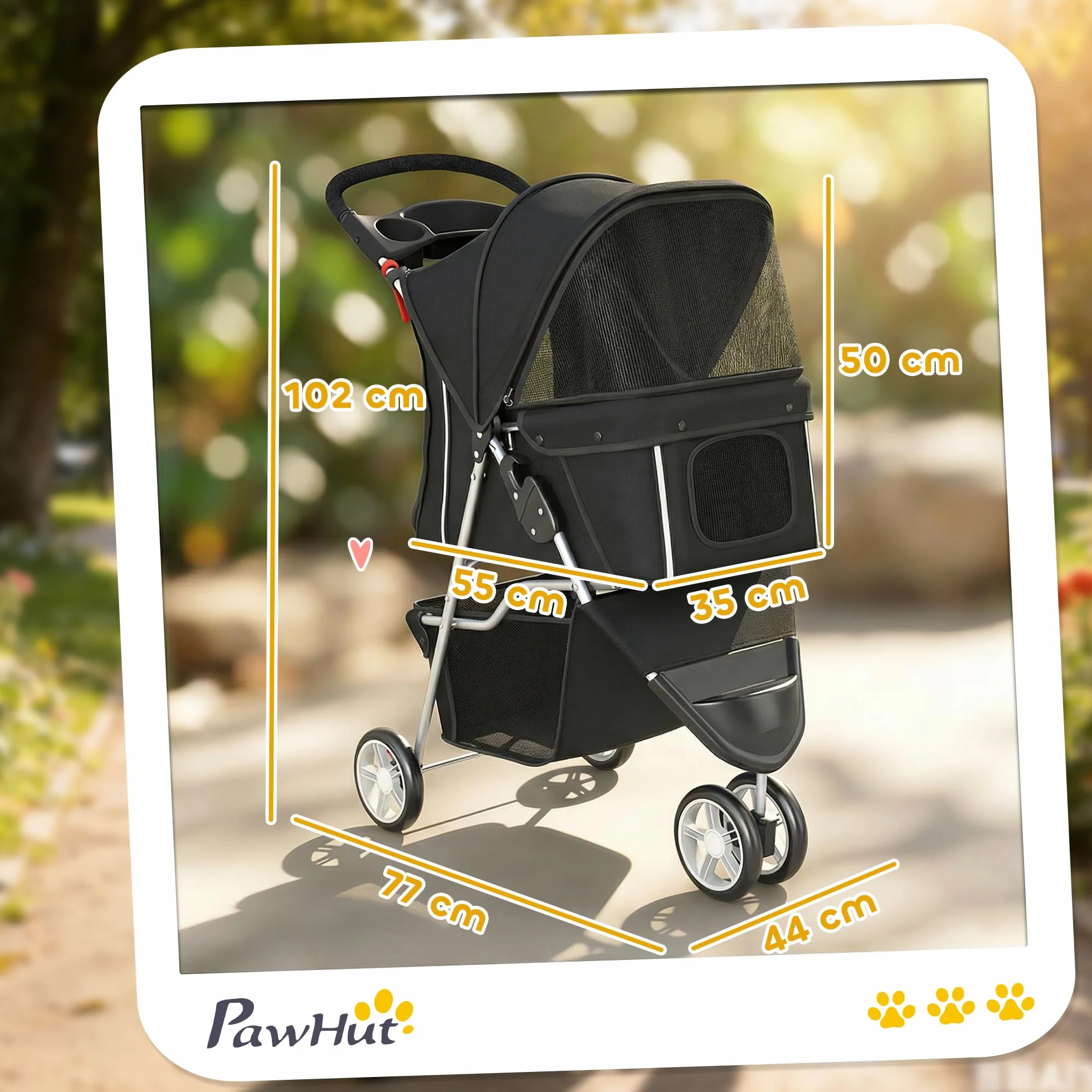 PawHut Hundewagen Hundebuggy Faltbar klappbar Katzenwagen bis 10kg mit Aufbewahrungskorb, Kissen, Netzfenster, Getränkehalter, 3 Räder, Aufbewahrungstasche, Haustierbuggy für kleine Hunde, Schwarz