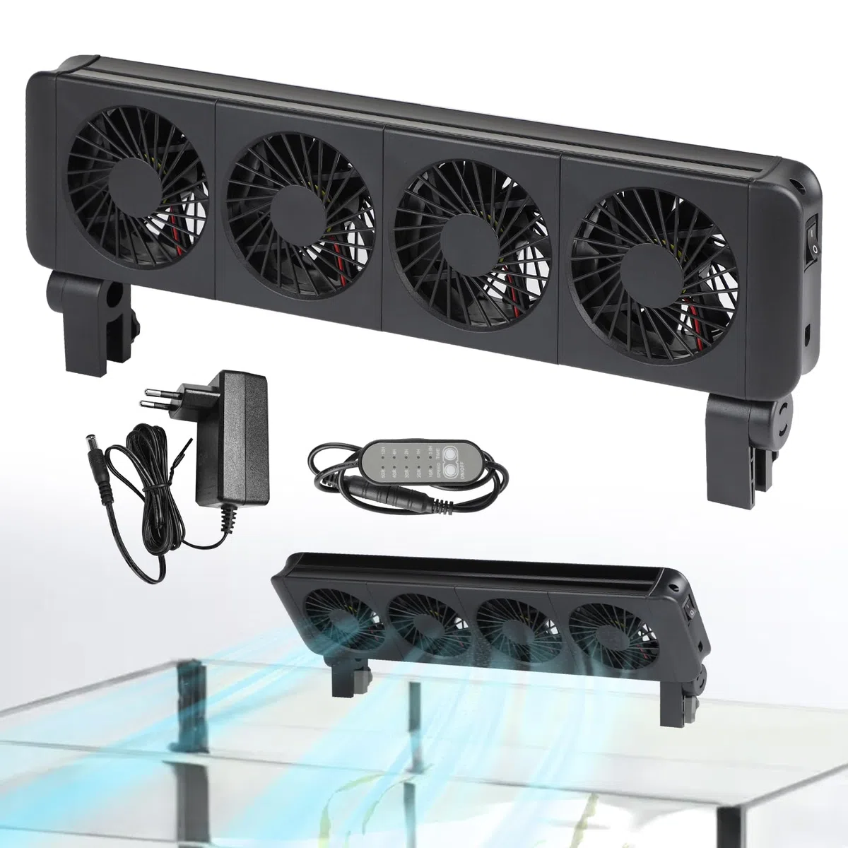 efuturetime Aquarium Lüfter 12W, 5 Regelbare Geschwindigkeiten, Geräuscharm, Klemm Aquarium Kühler mit Timer für 70cm Aquarium, 4 Lüfter