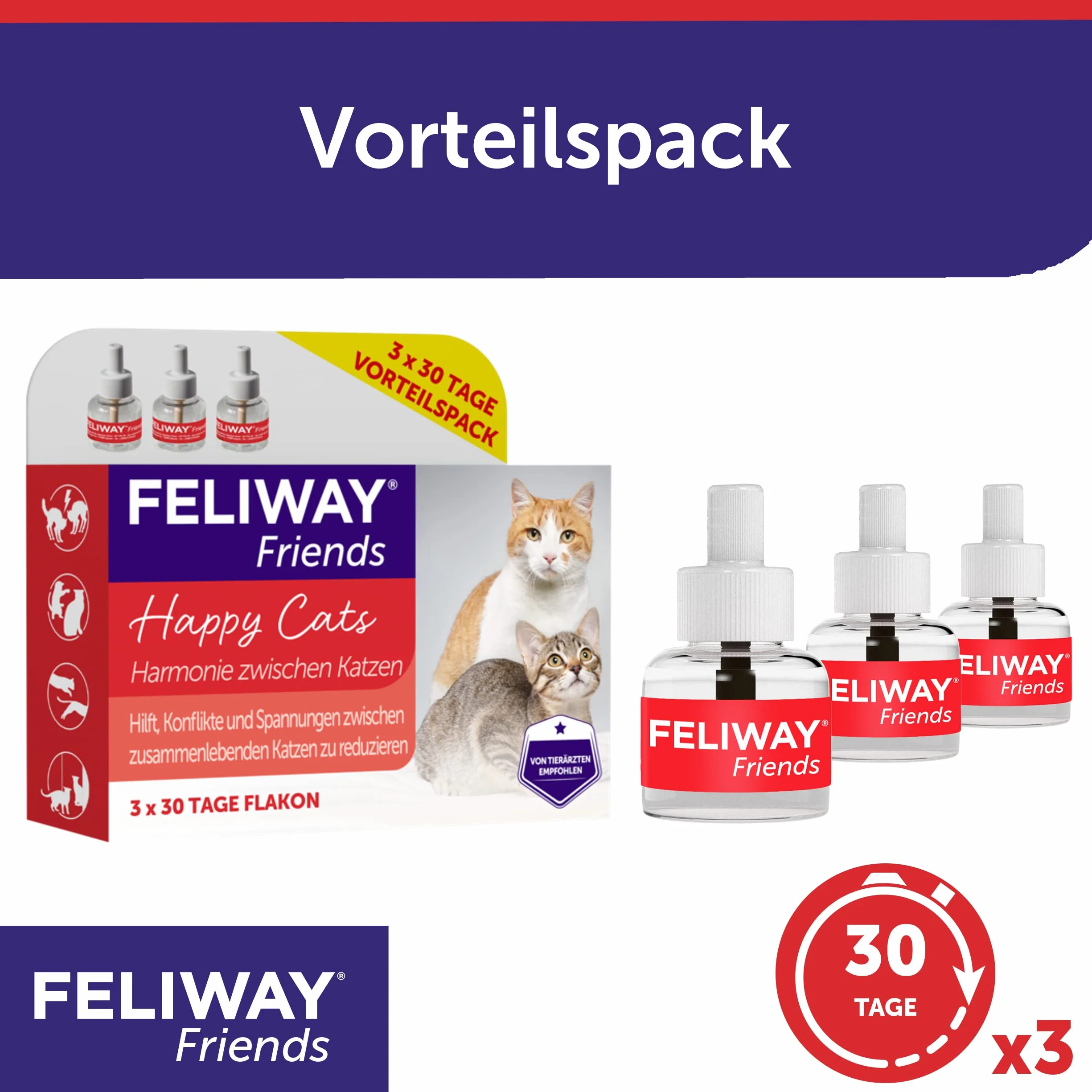 FELIWAY Friends Nachfüllflakon für Katzen | reduziert Konflikte & Spannungen wie Jagen, Kämpfen & Anstarren | reduziert Konfliktverhalten für glückliche Katzen | 3 x 48 ml (neu)