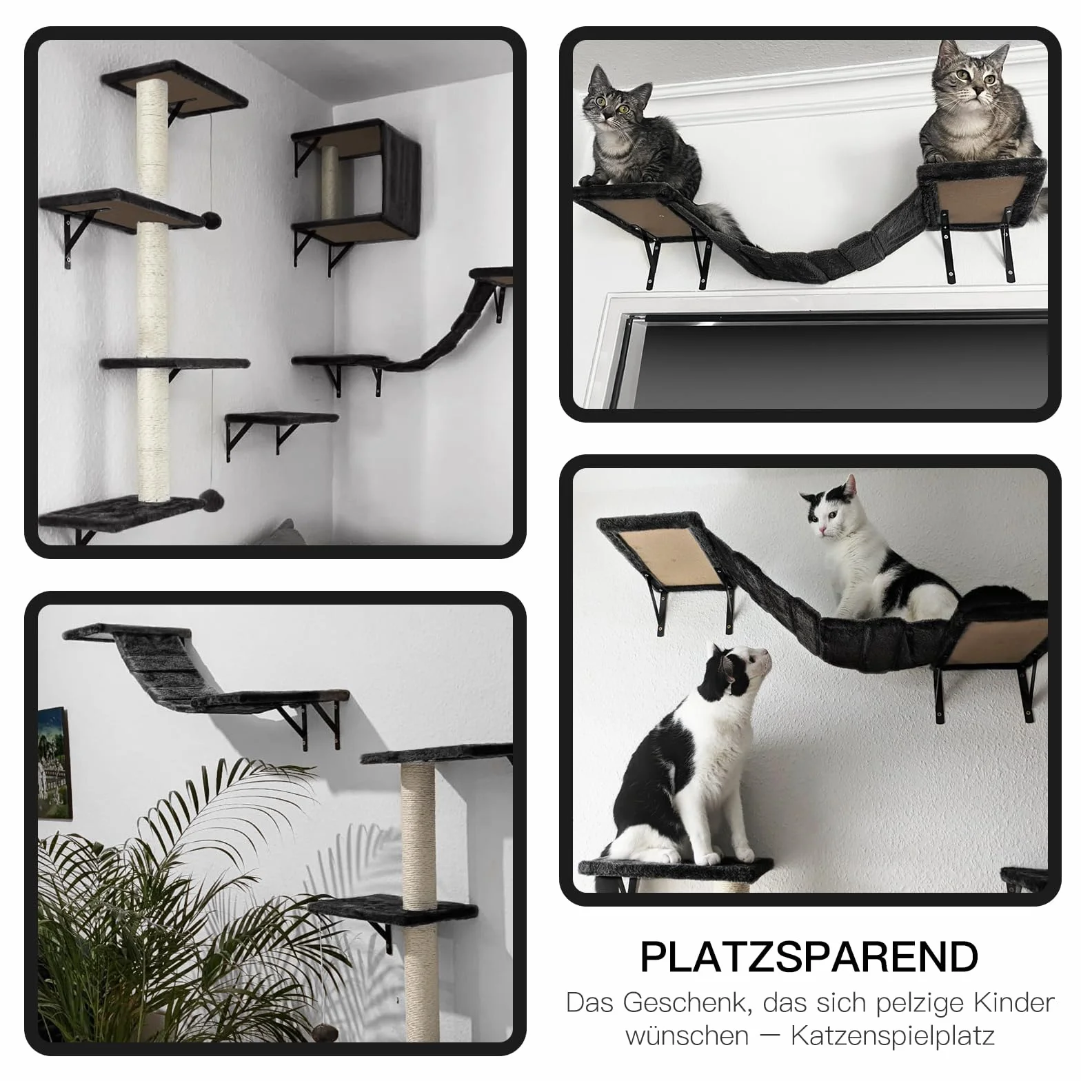 Zvonema Kletterwand Katzen, Katzen Wandelemente 10-teilig, Stabiler Holz Katzenwand, Bequem Plüsch Katzenmöbel, Kratzbaum Wand mit Katzenhaus, Brücke, Treppe, Kratzbrett, Katzenliege & Hängeball