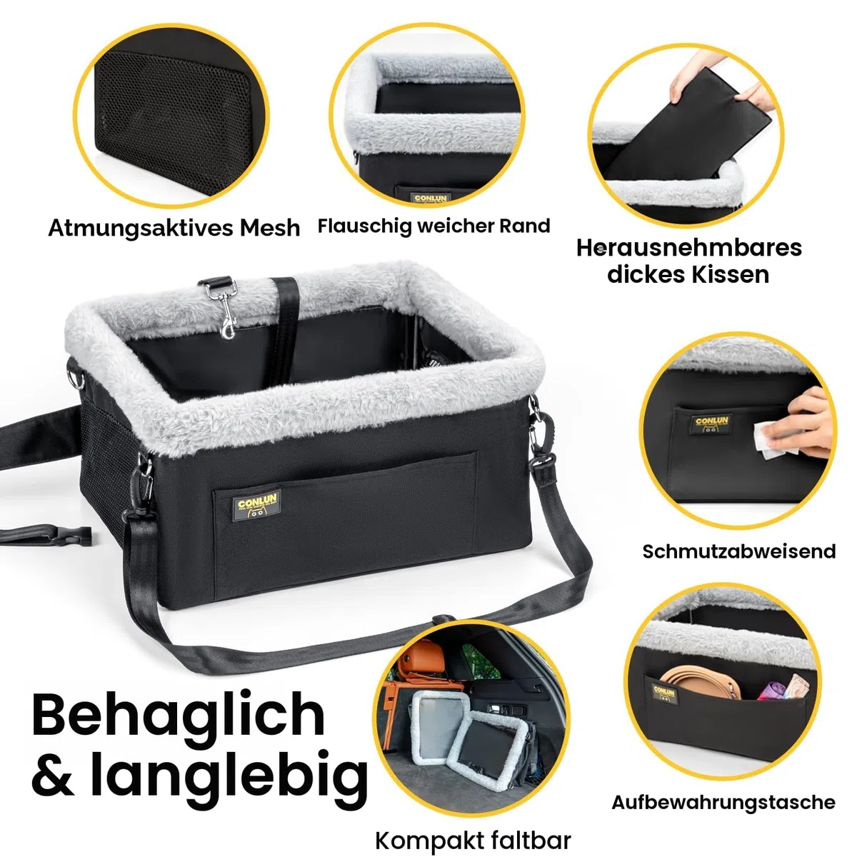 Conlun Hunde Autositz für Kleine Hunde bis 9kg - Stabiler Hundesitz Auto mit Stahlrahmen & Fronttasche - Faltbarer Hundekorb Auto mit Sicherheitsleine & Waschbarer Einlage (40x33x22cm)