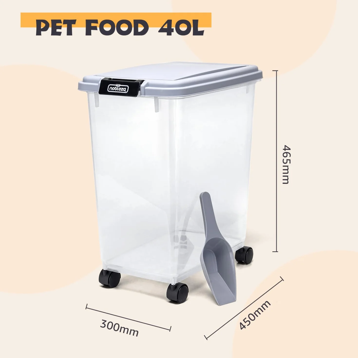 Nobleza - 2 Stück Futterbehälter für Haustiere,40 L,für Haustiere, Lebensmittelbox mit Rädern,Klappdeckel,Luftdicht,Transparent, Rollen und Schaufel,für Hunde und Katzen,Grau