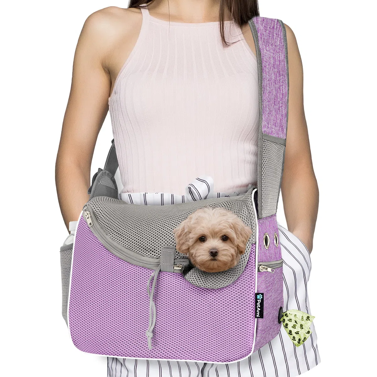 PetAmi Kleine Hundetragetasche, weiche Seiten, Crossbody-Welpen-Tragetasche, verstellbare Tragetasche, für mittelgroße Hunde, Katze für Reisen, atmungsaktives Netz, Sherpa-Bett, Violett