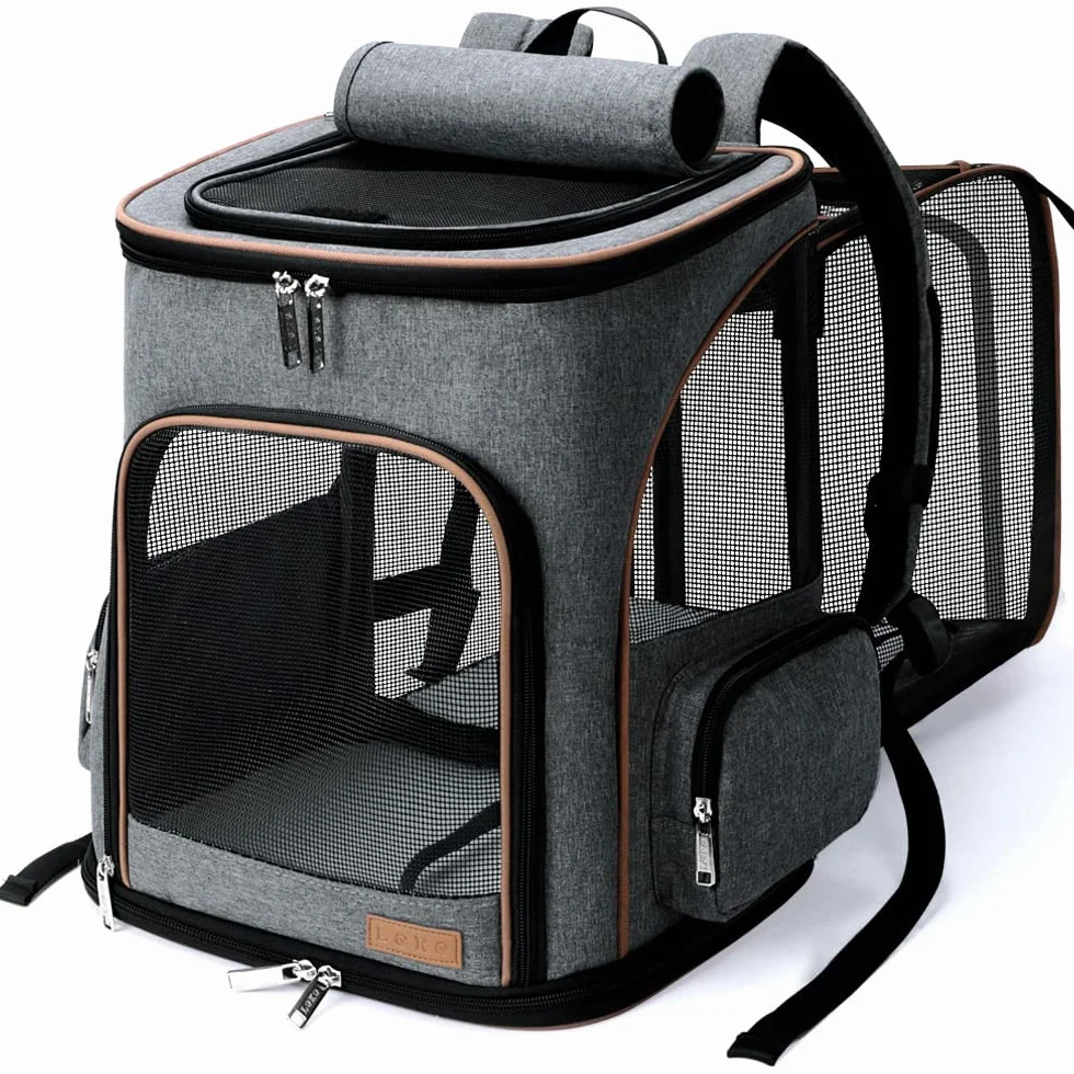Lekesky Erweiterbar Katzenrucksack Hunderucksack für Katzen und Kleine Hunde, Faltbare Haustier Rucksack mit Innerer Sicherheitsleine und 2 Haustiermatte, Grau, M