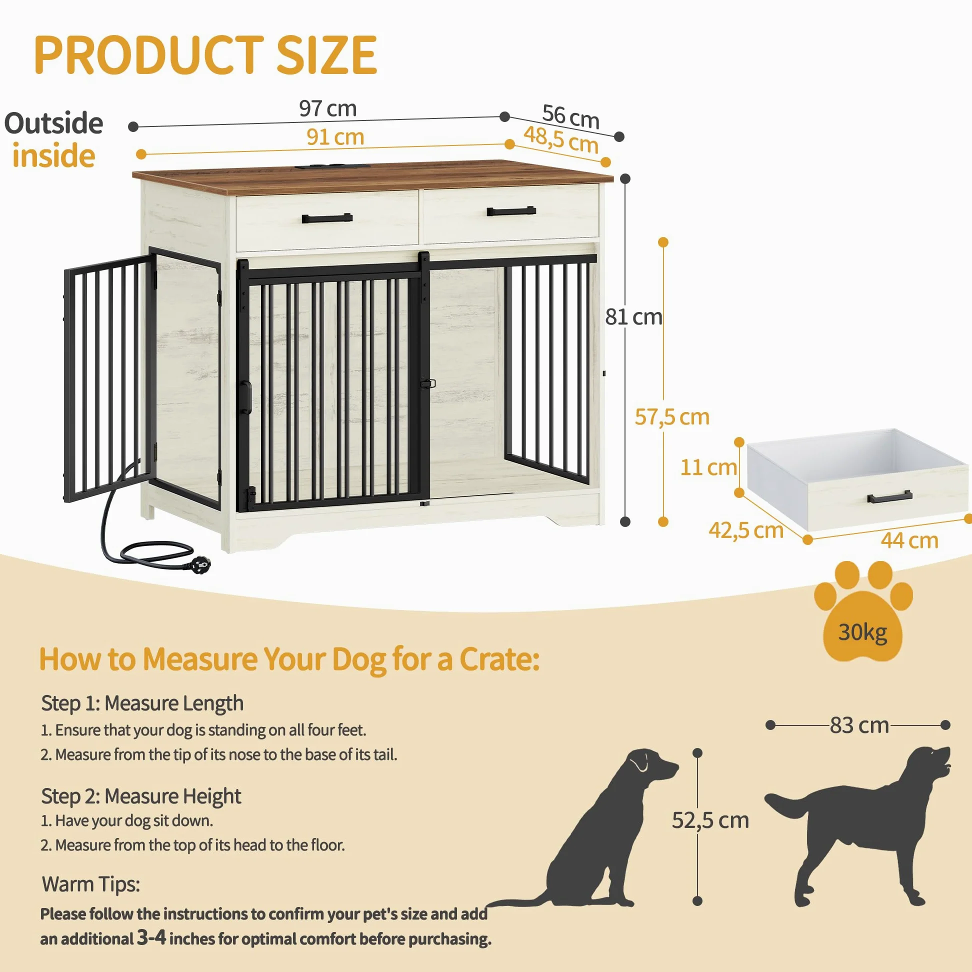 Hzuaneri Hundekäfig Möbel mit Steckdose, Hundebox für Zuhause mit Schiebetür im Scheunentür-Stil & 2 Schubladen, 3-Türen Sideboard für Mittel/Große Hunde, 97 x 56 x 81 cm, Weiß Braun DFC90314BEU
