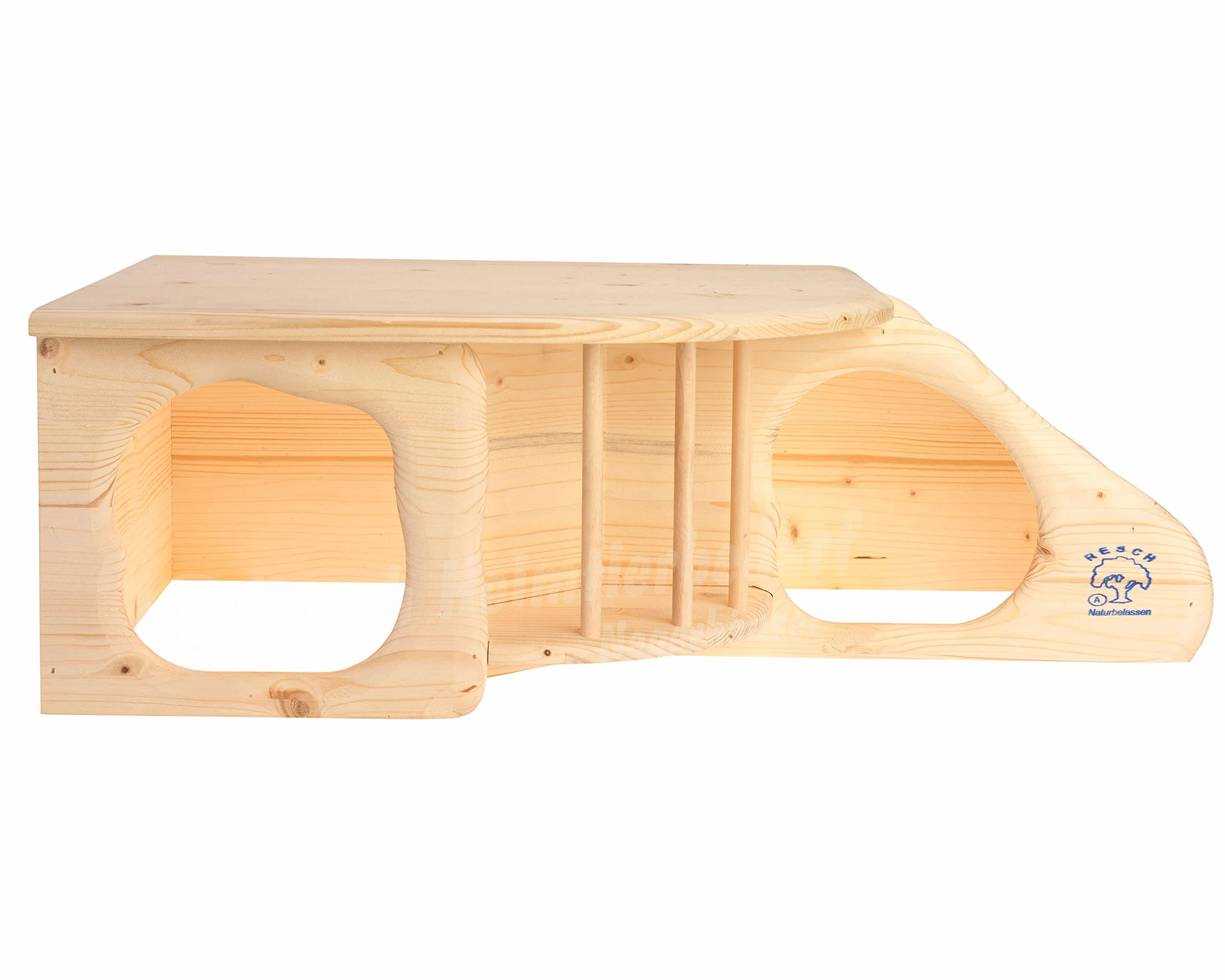 Resch Nr11 Nagerhöhle XL naturbelassenes Massivholz aus Fichte/mit Treppe zur Liegeterasse, integrierter Heuraufe, großen Eingängen und gerundeten Ecken / 60 x 19,7 x 37cm