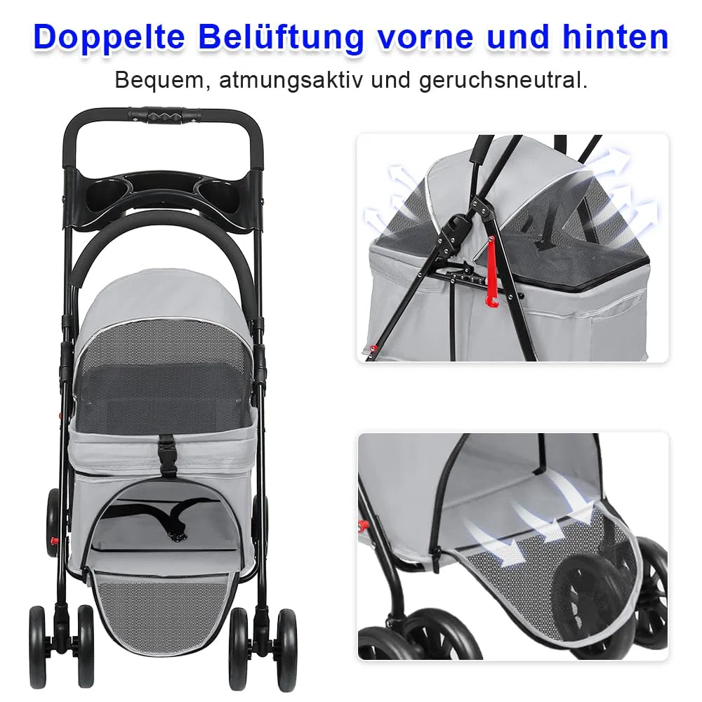 Homewell Faltbarer Hundebuggy für Hunde, Haustiere Buggy, Hundewagen mit abnehmbarer Transportbox, Getränkehaltern, Ablagefach und Netzfenstern, Klappbar, bis 20 kg (Grau)