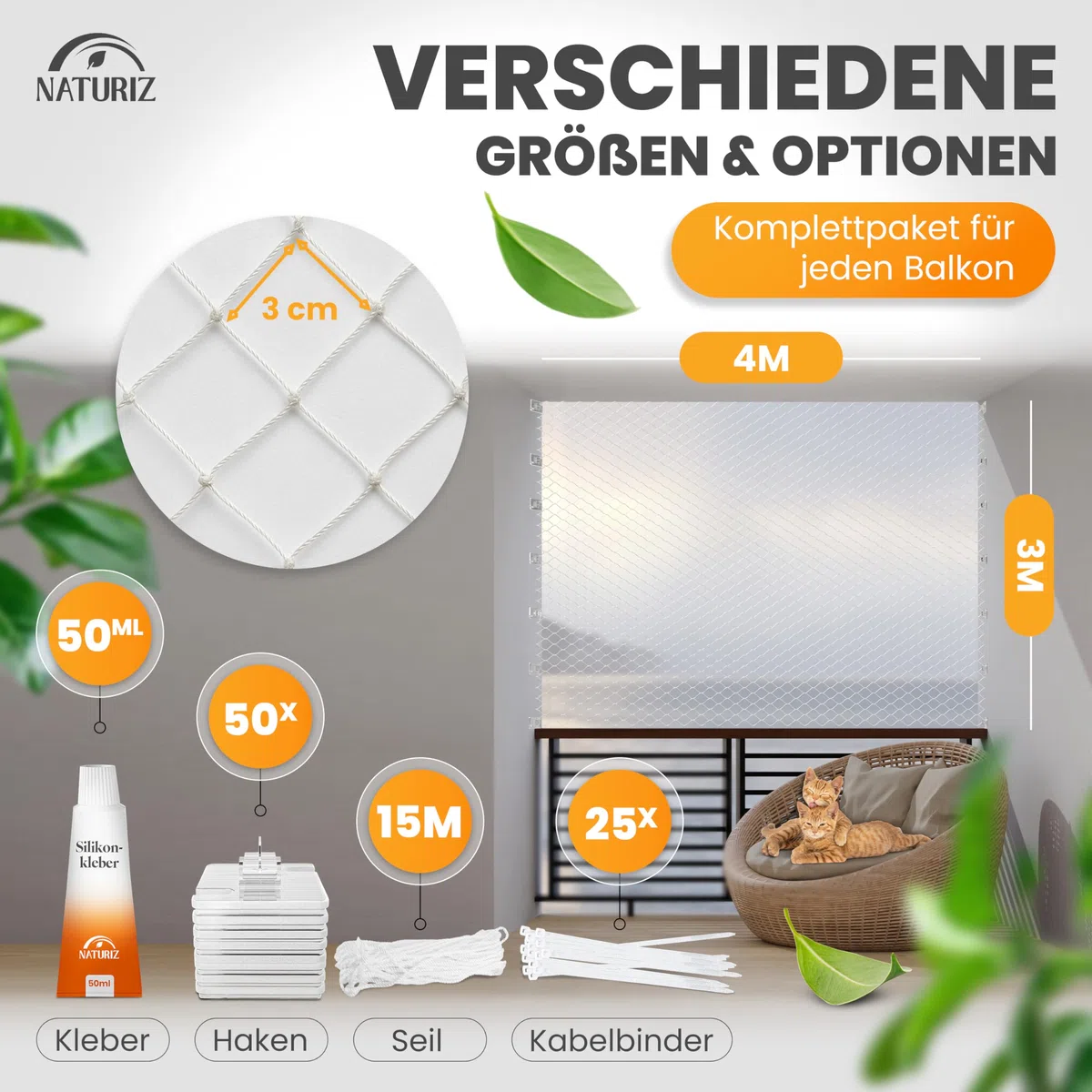 Naturiz® Katzennetz für Balkon ohne Bohren 3x4m - Katzennetz drahtverstärkt transparent/weiß, Katzengitter inkl. Klebehaken – Katzenschutznetz für Balkon & Fenster, Balkonnetz für Katzen (3x4m)