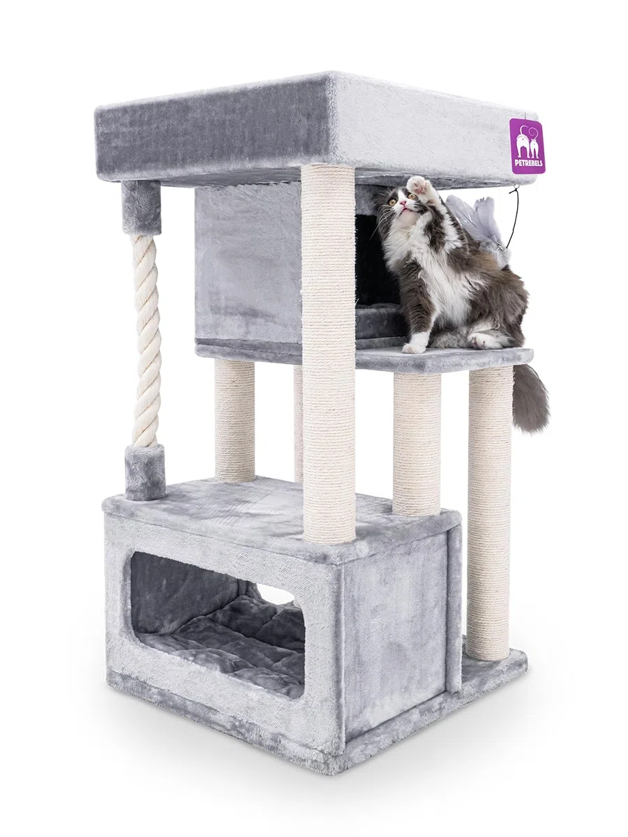 Petrebels Kratzbaum 107 cm, extrem Stabiler Katzenkratzbaum für Senioren Katzen, Kitten & Mehrkatzenhaushalte, Lodge 107, mit 2 Katzenhöhlen, XXL Liegekorb, Sisal-Stämmen & Spielseil, Grau
