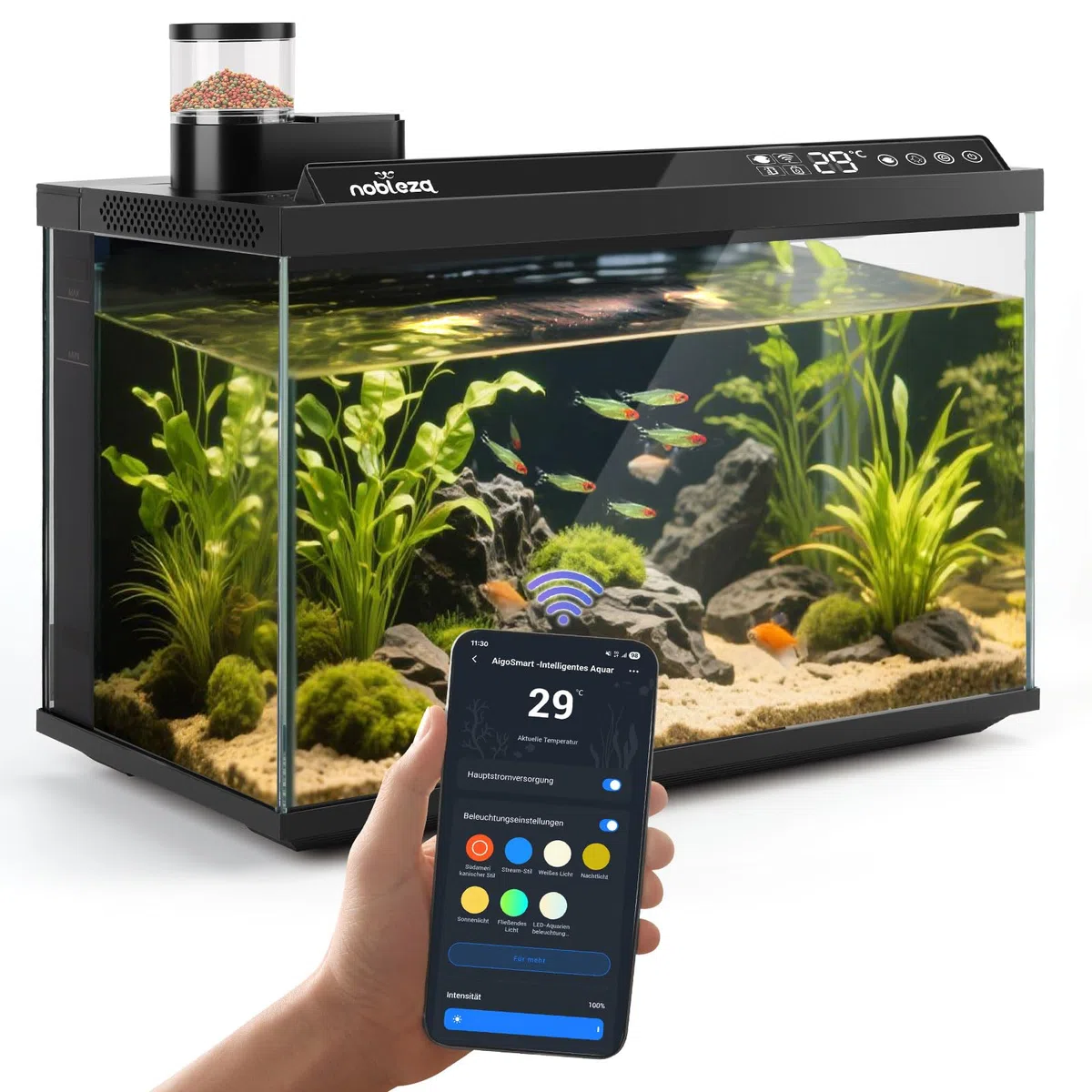 Nobleza Smart Aquarium 30L, WiFi Aquarium Set Komplett mit App-Steuerung, EIN-klick-Wasserwechsel, Automatischer Fütterer, Ultra-Weiß-Glas Nano Aquarium für Anfänger & Büro, 44x24x28.5cm |