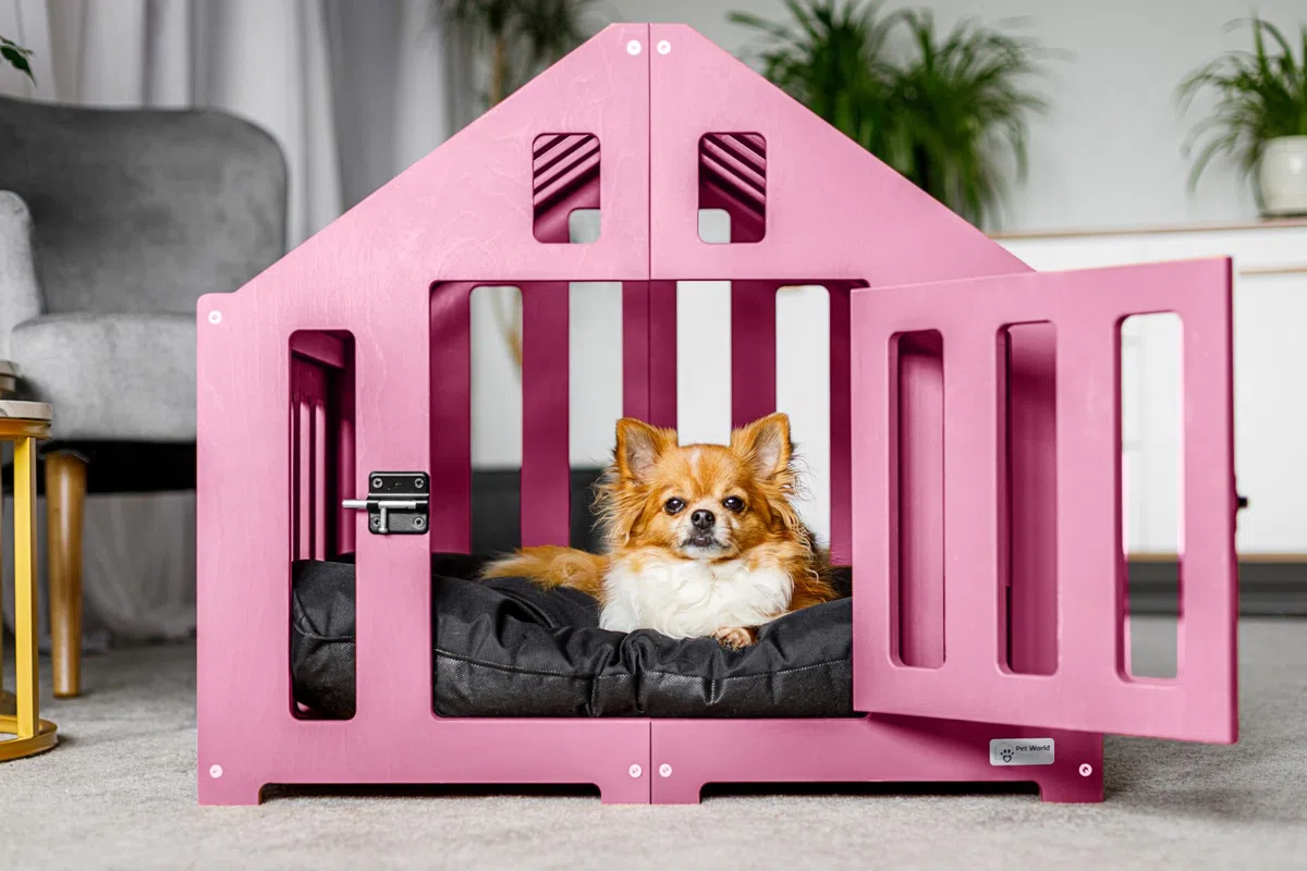 Hundehütte aus Holz, Hundekäfig Verschließbar, Tierhaus, Hundelaufstall, Hundehaus, Haustierbox, Hund, Katze, Indoor, Rosa