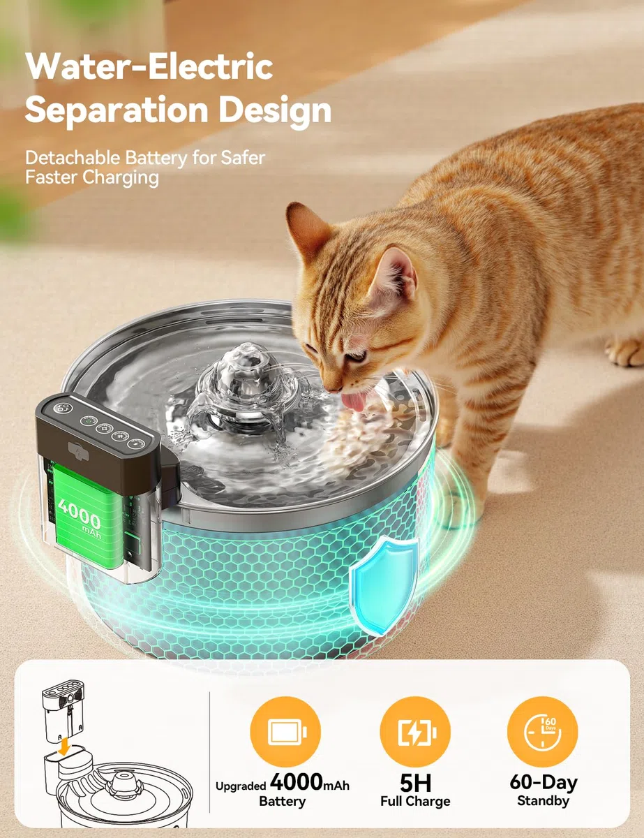 Katzenbrunnen Edelstahl Kabellos mit Sensor für Katzen und Hunde 3,5L|FEELNEEDY [FN-W19] Wasser-und Batterietrennung Trinkbrunnen mit Akku 4000mAh, 3 Betriebsmodi, 1 Aktivkohlefilter