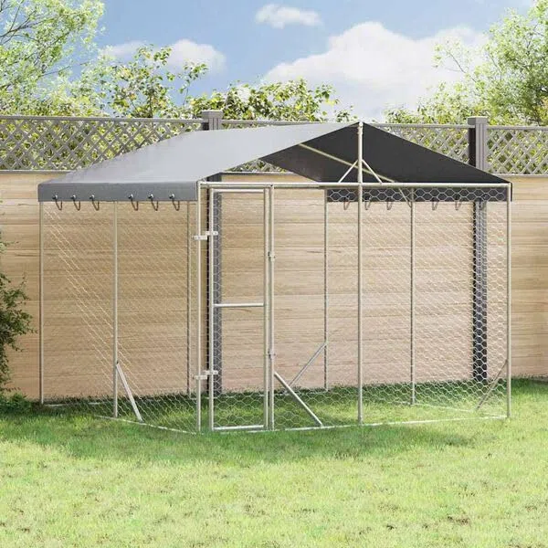 Hommdiy Hundezwinger Outdoor Große mit Dach,Hundekäfig Hundehaus für große Hunde, Hundehütte Silbern 3x3x2,5m Verzinkter Stahl