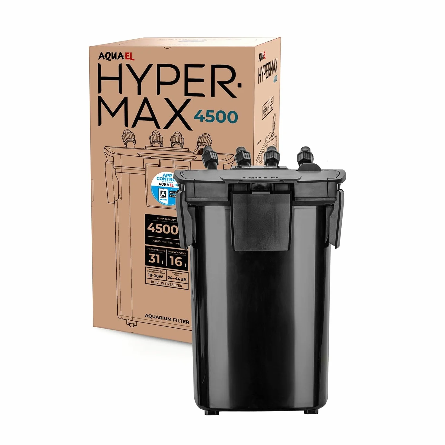 Aquael Hypermax 4500 BT Außenfilter Aquarium, Bluetooth App Steuerung, 4500 l/h, für 200-1500 l, Kanisterfilter mit Vorfilter
