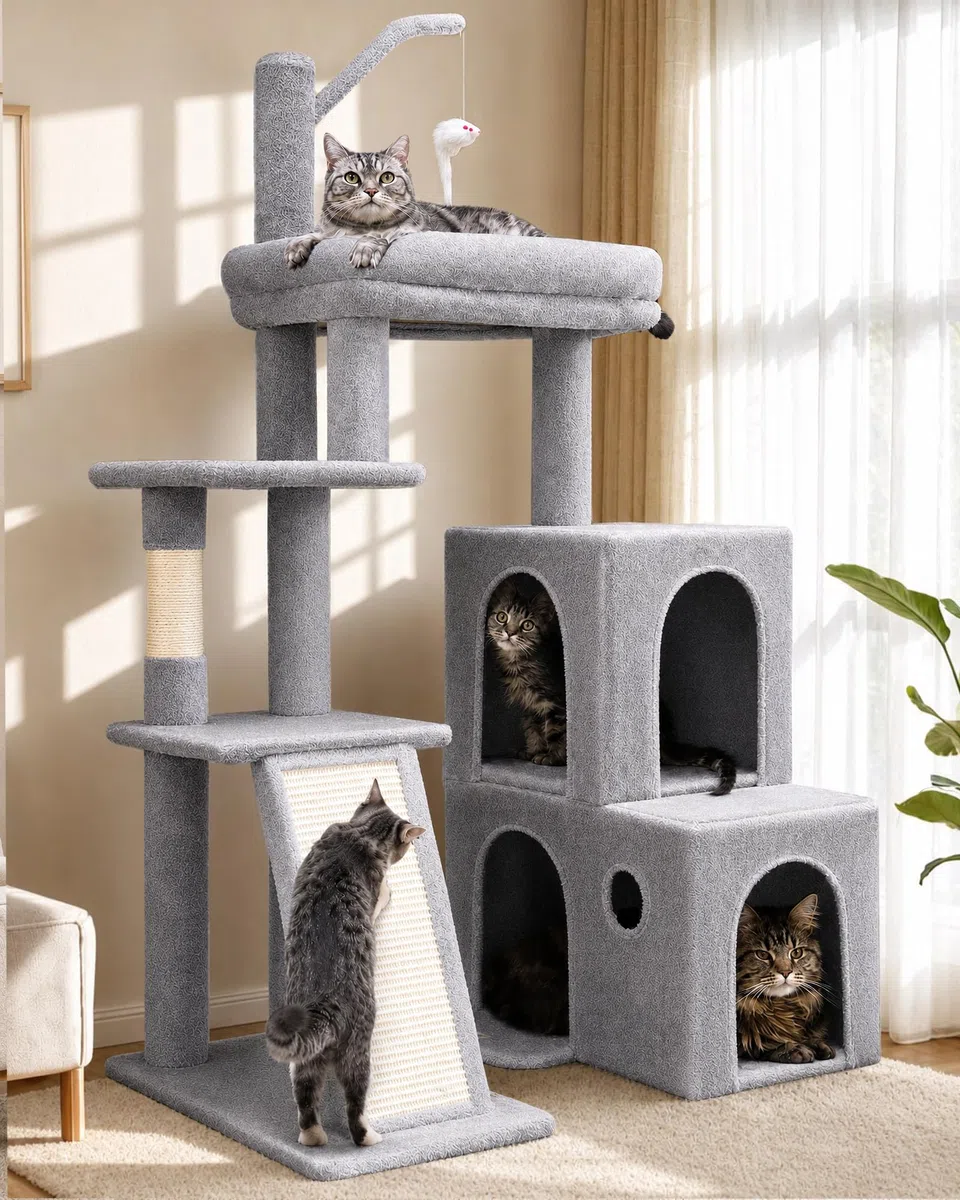 Globlazer Kratzbaum Stabil mit 2 Große Katzenhaus 90° Drehbares, 2 Groß Basis, Gepolsterte Plattform, Sisal Kratzbrett, Katzenspielzeug, Katzenbaum für Katzchen Große Katzen Senioren (F50, Hellgrau)