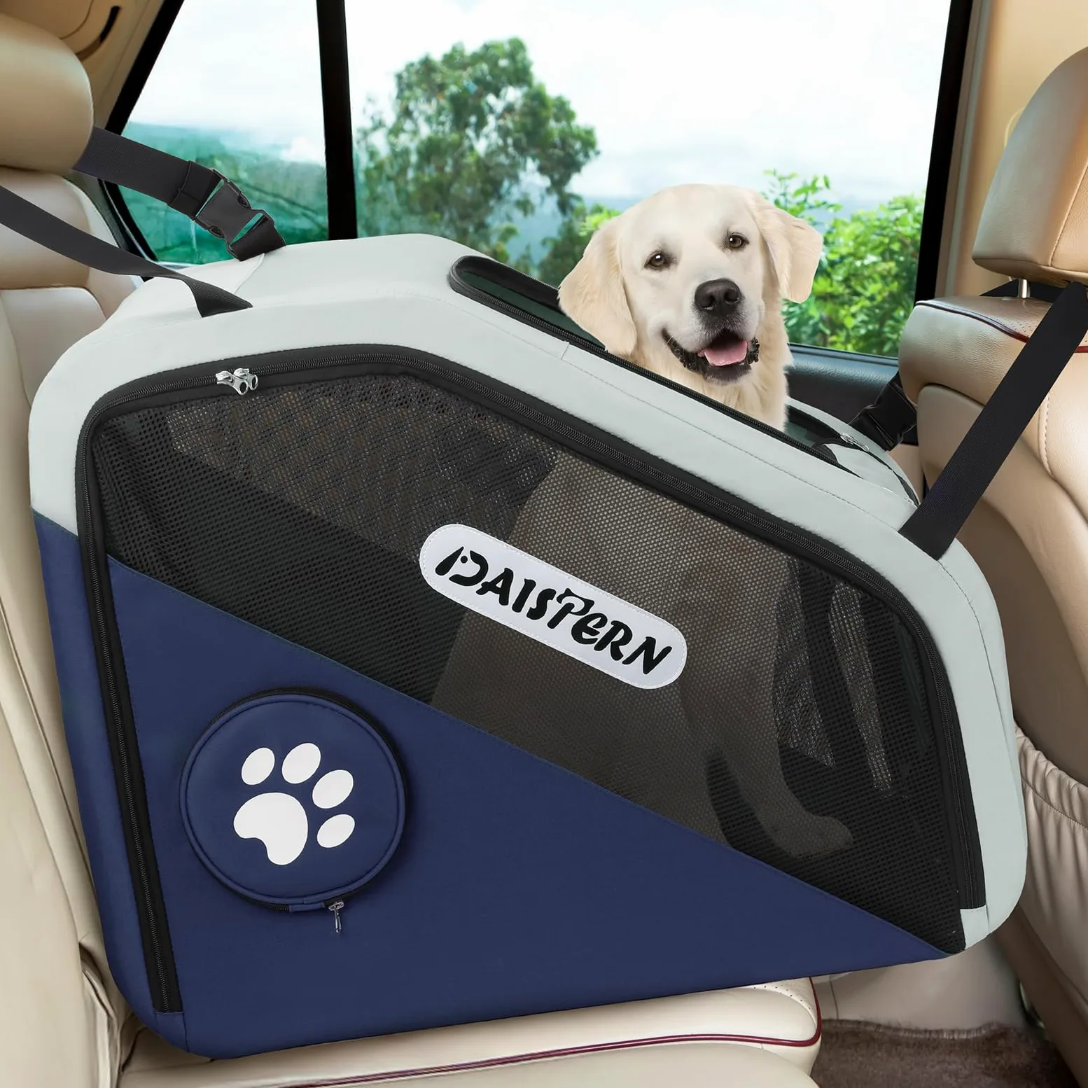Faltbare Hunde Transportbox für Auto & Reisen, Tragbare Softbox für kleine & mittelgroße Hunde, 1-Minuten-Schnellfold, Robustes Metallgestell, Atmungsaktive Netzfenster & Komfortzugang, Blau