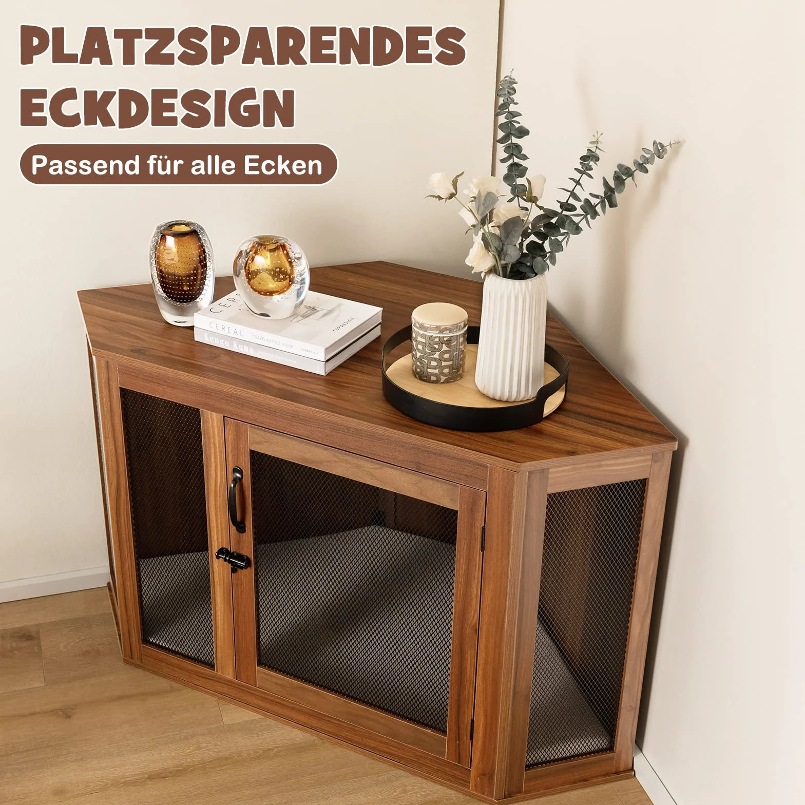 COSTWAY Hundehütte Eck, Hundebox mit Tür & Kissen, Haustierkiste Möbelstil für kleine Hunde Katze Haustier, Tierkäfig Hundekäfig Hundehaus Haustierhaus Zuhause Innen, Braun, 114 x 60 x 68 cm