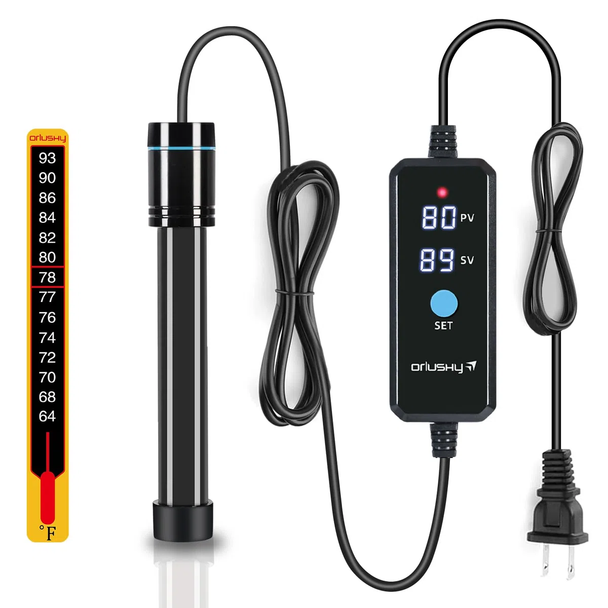Orlushy 100 W Tauch-Aquarium-Heizung, verstellbare Aquariumheizung mit Digitalanzeige, externer Steuerung, Überhitzungsschutz und kostenlosem Thermometer für Süß- und Salzwassertank mit 3,5 - 7,8 l