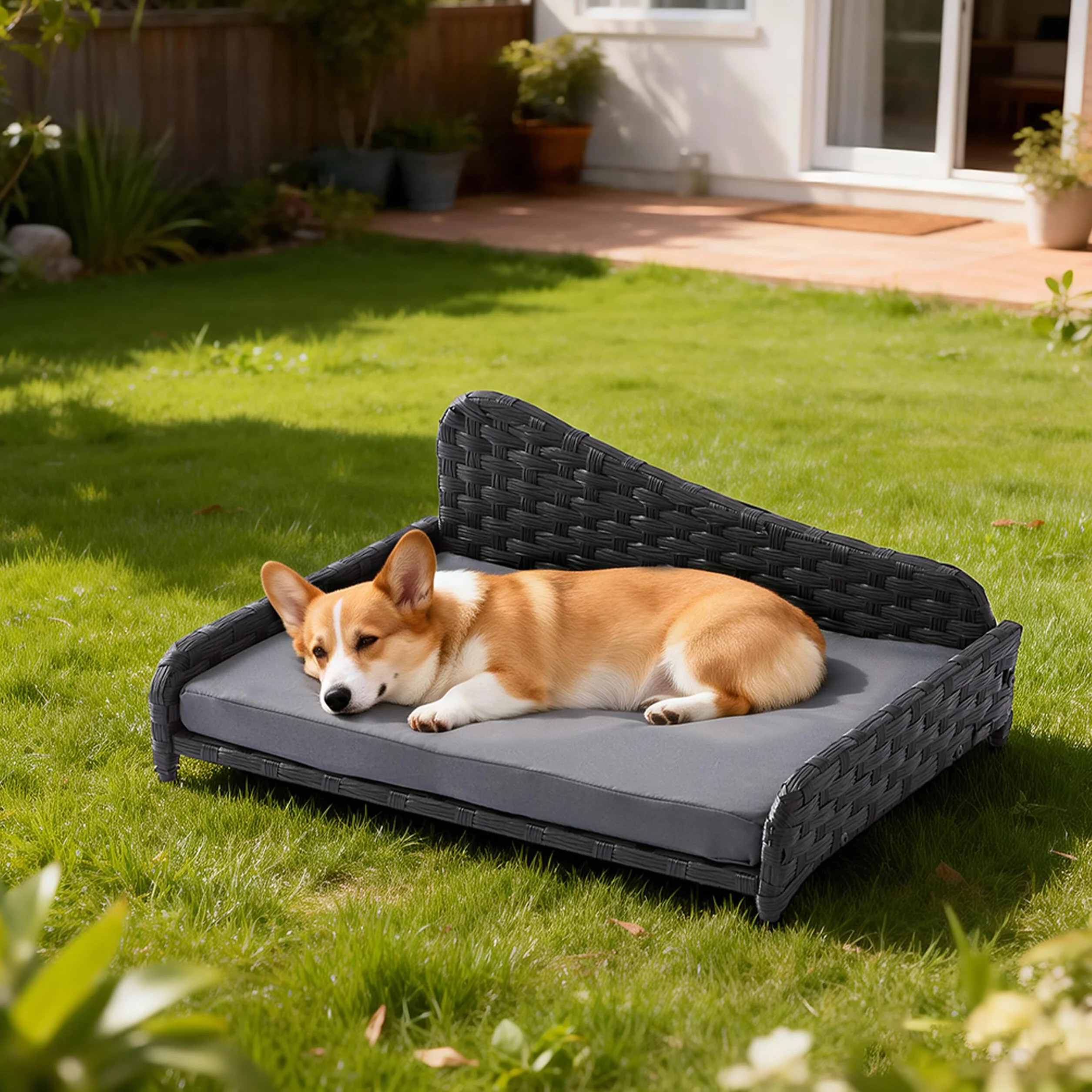 Relaxdays Hundebett Rattan, L, HBT: 25x63x46 cm, erhöhtes Hundeliege mit Kissen, Hundesofa, Outdoor & Indoor, grau