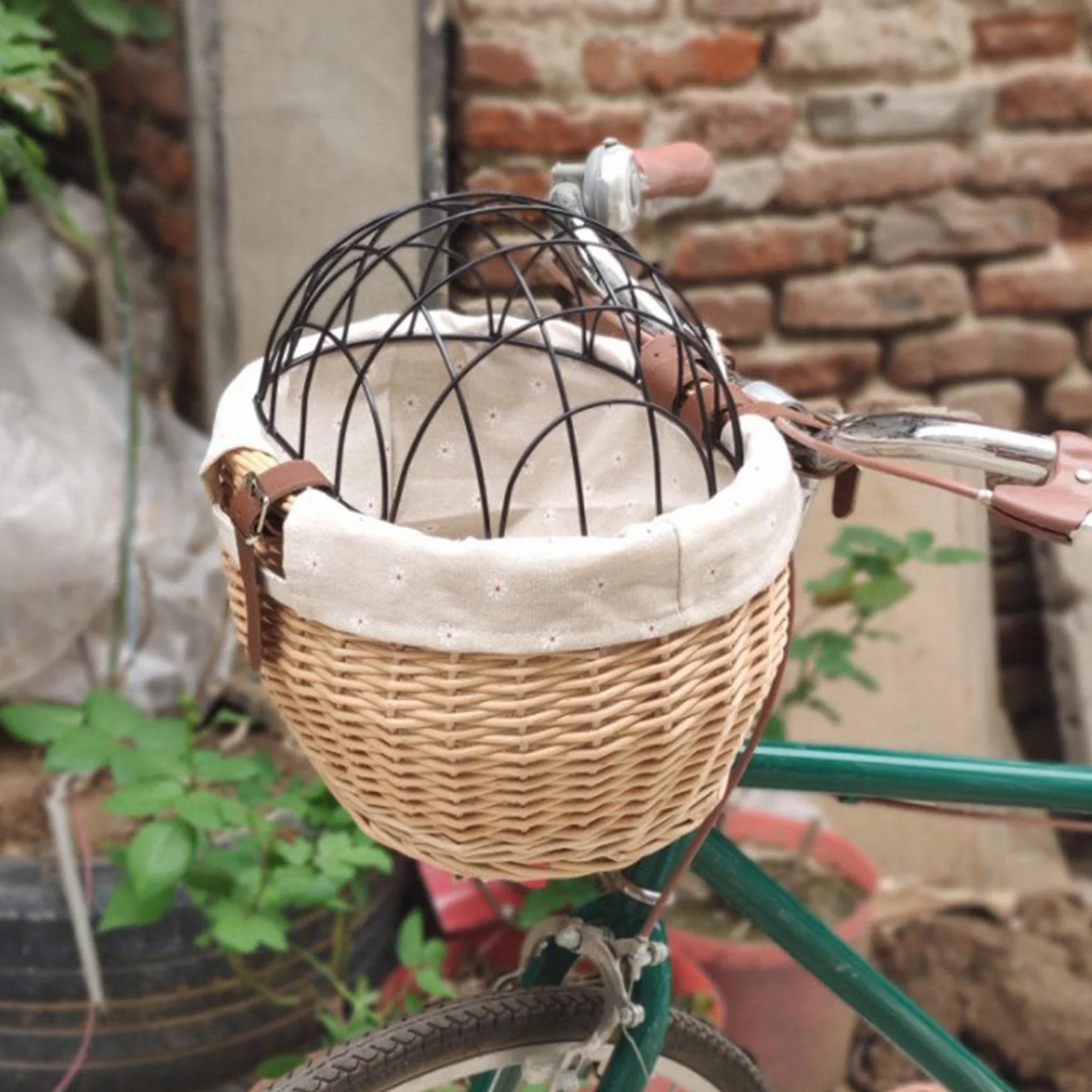 KKPLZZ Weidenkorb Fahrrad, kleine Hunde Katzen Haustierträger Fahrradkorb mit Metallgitterabdeckung