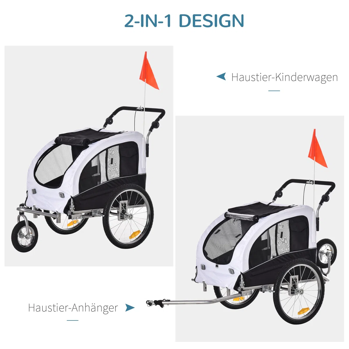 PawHut 2-in-1 Hundeanhänger, Fahrradanhänger für Hunde, Hundewagen mit Reflektoren, Fahne, Hundefahrradanhänger Hundebuggy, Oxford-Gewebe