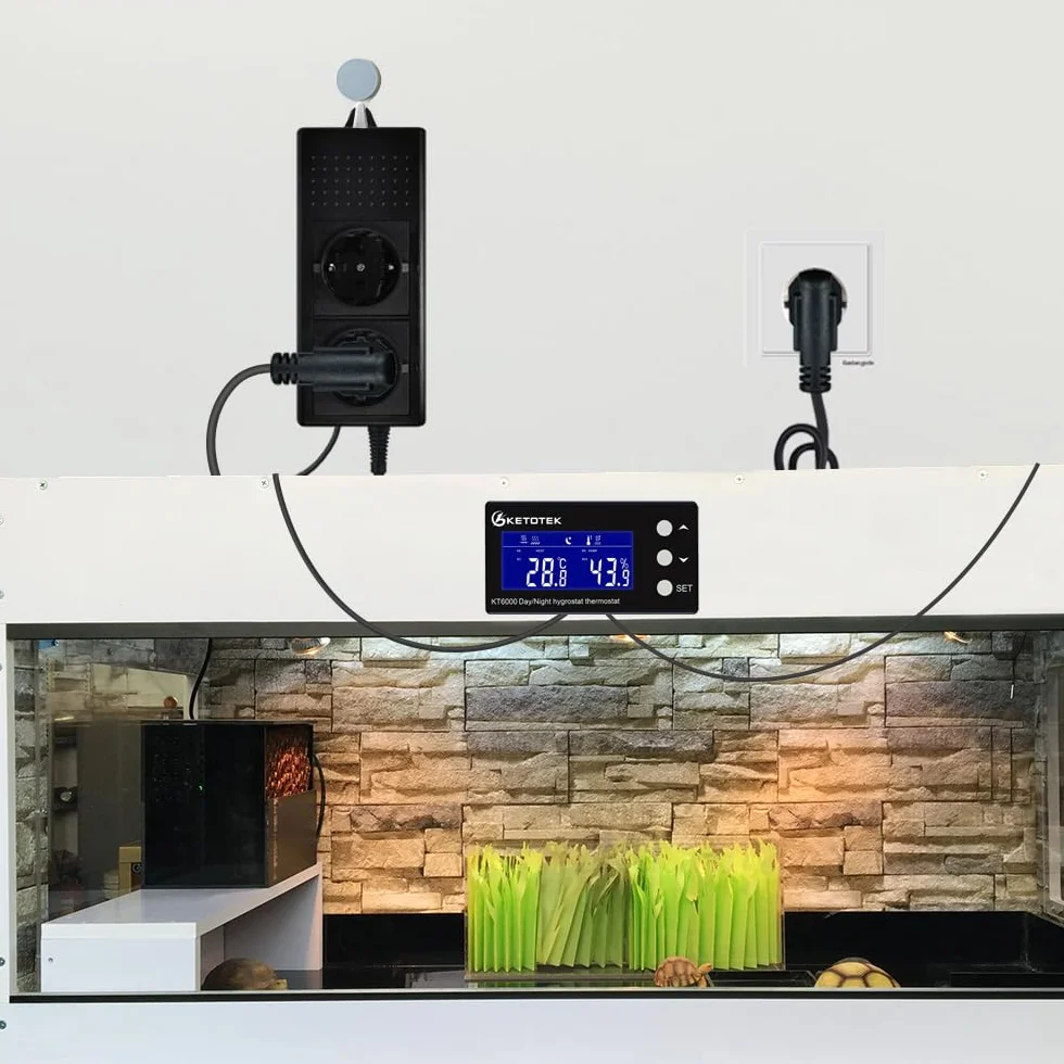 KETOTEK Thermostat Hygrostat Steckdose Digital mit Tag/Nacht Zeitschaltuhr, Temperaturregler Feuchtigkeitregler Steckdose mit Fühler 230V, Temperatur Feuchtigkeit Regler für Gewächshaus Terrarium