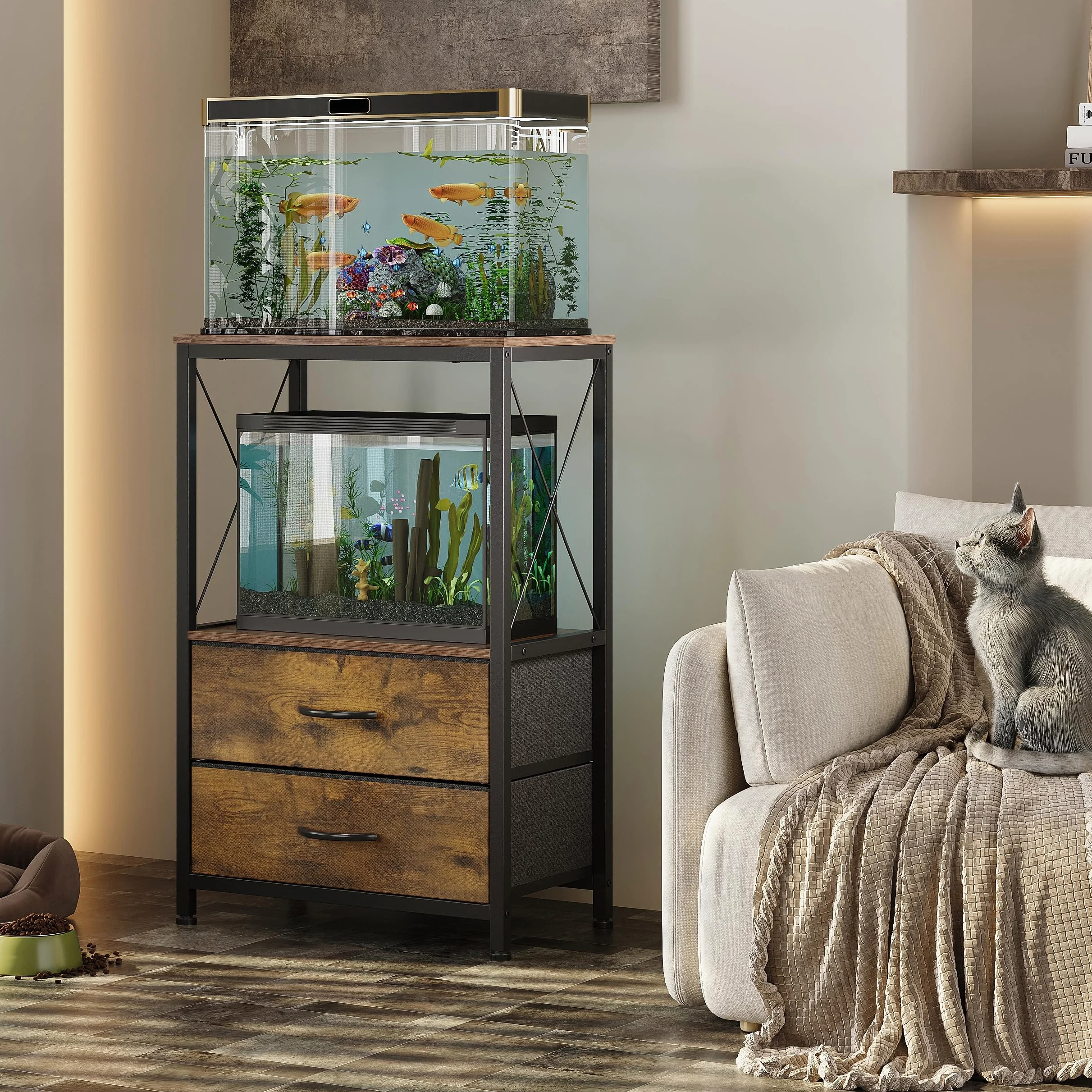 Aquariumständer, 38 L Aquarium-Ständer mit 2 Schubladen, Aquariumregal für 40 L Fisch, Schildkröten & Reptilienbecken, 2-stöckiger Aquarium Tisch, Rustikal Braun