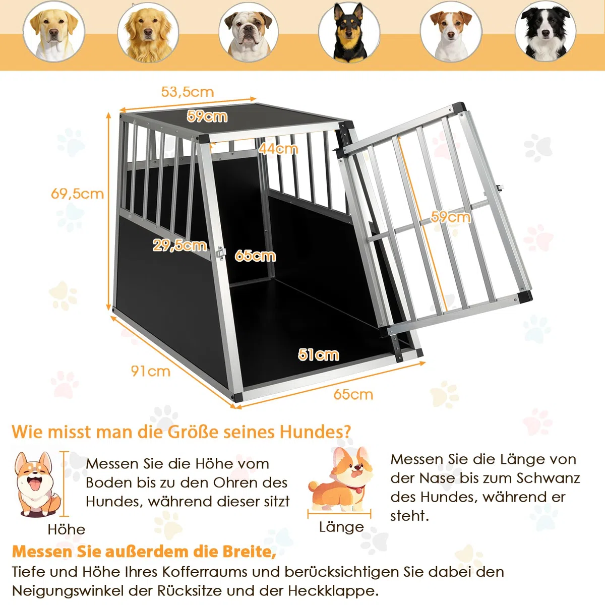 GYMAX Hundebox Auto, Transportbox Hund mit Sicherheitsverschluss, leicht & stabil, Alu Hundetransportbox für Kofferraum, Rückbank & Zuhause (91 x 65 x 69,5 cm)