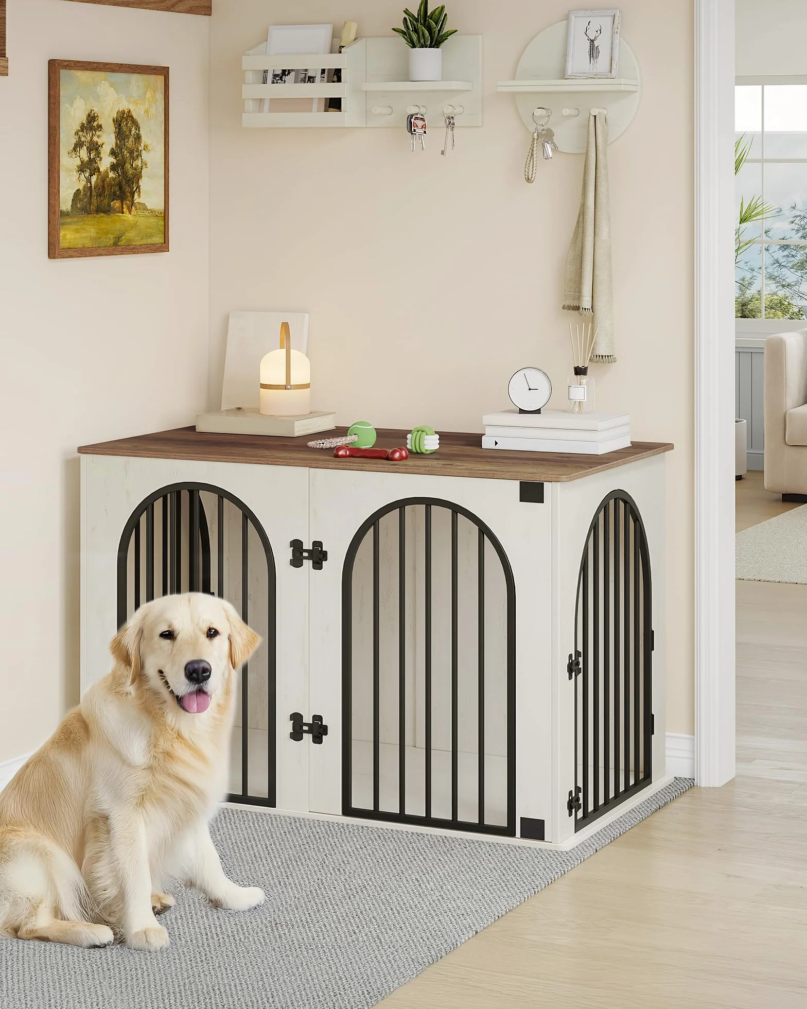 Hzuaneri Hundekäfig Möbel, 108 cm Hundebox für Zuhause, 3 Türen, Bogentür, Moderne Hundebox Indoor für Hunde, Beistelltisch, Hundekäfig Hochbelastbar, 108 x 64 x 76 cm, Weiß Braun DFC86014B