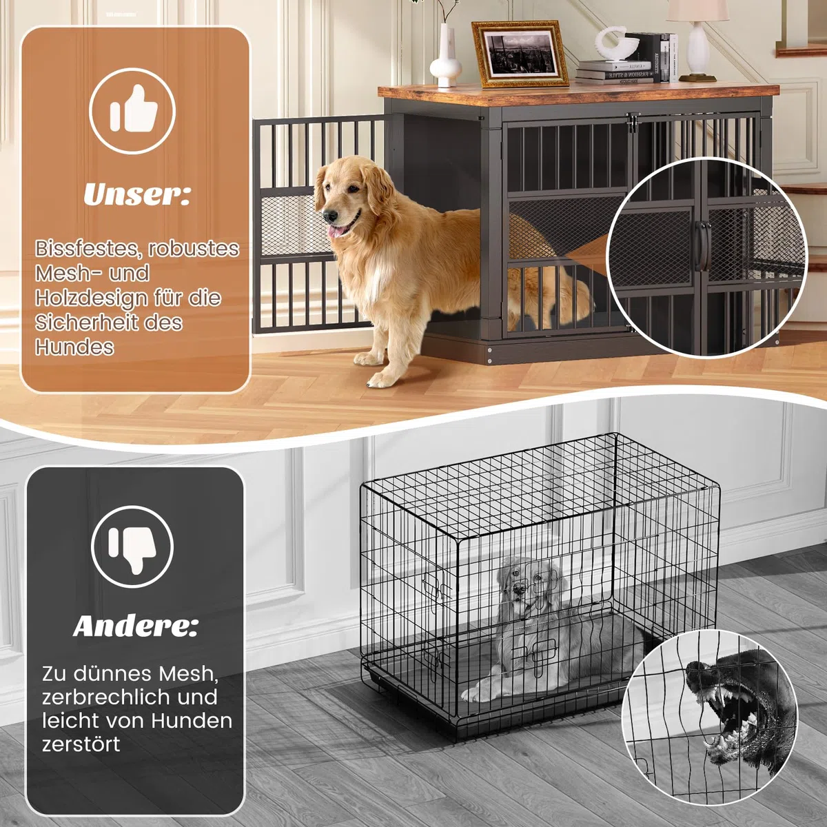 Hundekäfig Möbel, 104 cm Großer Hundebox für den Hausgebrauch, Modernes Indoor Holz-Hundekäfig, Doppel-Tür-Design, Bissfest, Geeignet für Kleine/Mittelgroße/Große Hunde, Schwarz, 104x51x78 cm