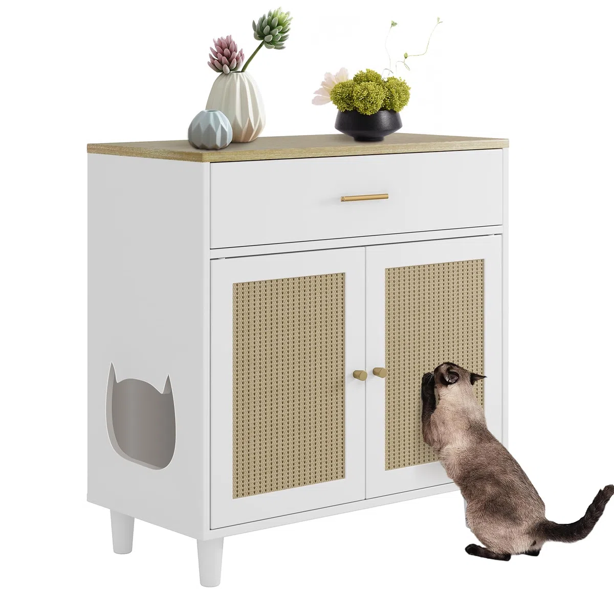 Katzenstreu-Abdeckung für Katzentoilette, weiß, platzsparendes Design, geruchshemmend, Sisal, Schublade, für Wohnzimmer