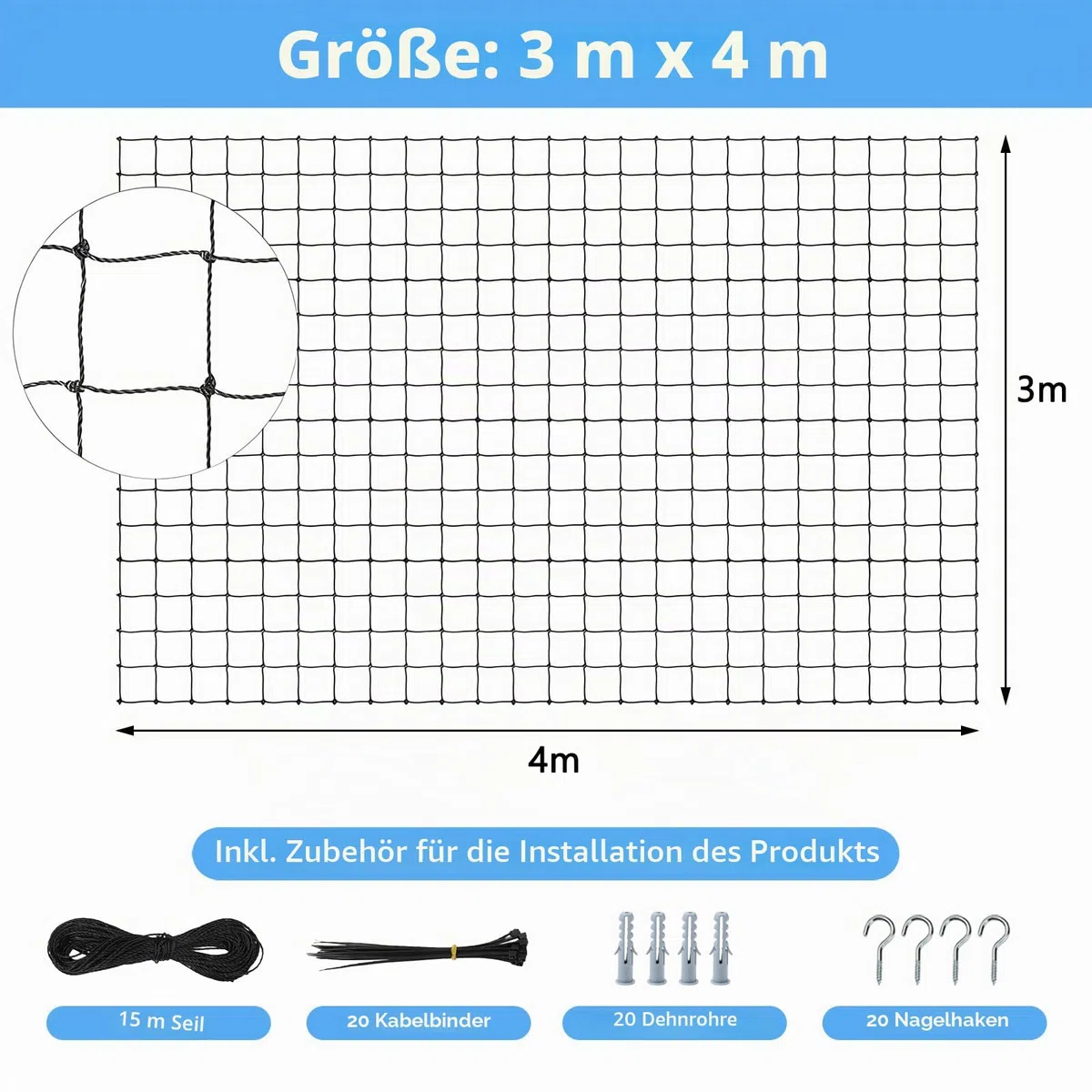 Katzennetz für Balkon, 3x4m Nylon Balkonnetz für Katzen Katzenschutznetz mit Befestigungsseil Nägel Kabelbinder für Fenster, Terrasse, Balkon (Schwarz)