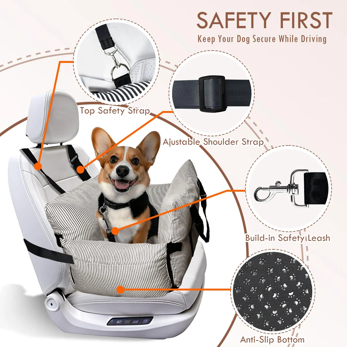 Hundesitz Auto für Kleine/Mittlere Hunde unter 18 kg, Tragbares Autositz Hund mit Sicherheitsgurt und Aufbewahrungstaschen, Waschbarer Hund Booster Autositz, Anti-Rutsch-Boden (Braun, 76 x 52 cm)