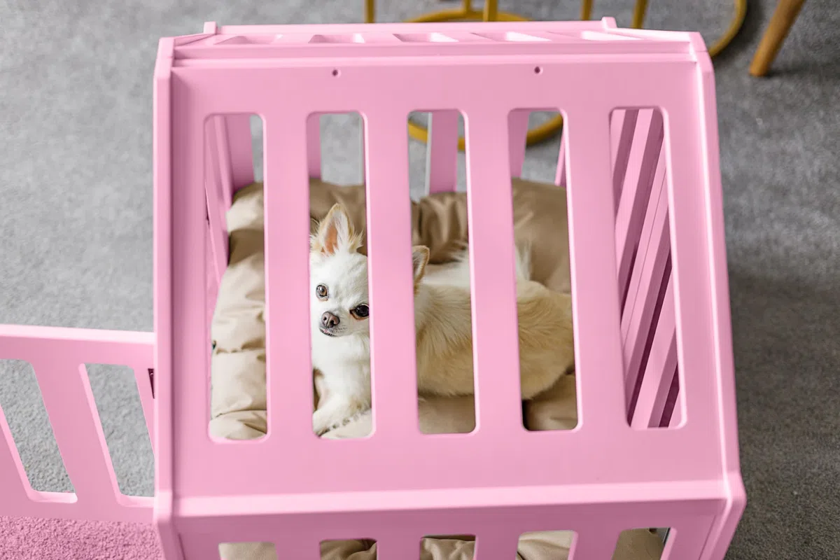 Hundehütte aus Holz, Hundekäfig Verschließbar, Tierhaus, Hundelaufstall, Hundehaus, Haustierbox, Hund, Katze, Indoor, Rosa