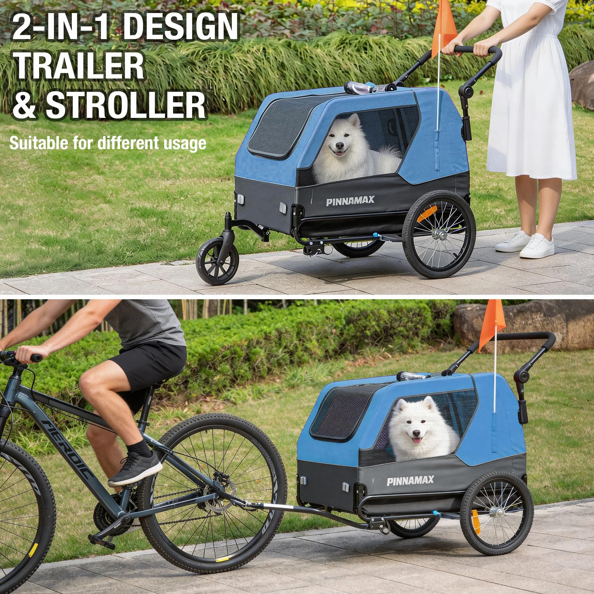 Hundeanhänger für Fahrräder – 2-in-1 Haustierbuggy, belastbar bis zu 45 kg – Fahrradanhänger für Hunde mit universeller Fahrradkupplung, rutschfestem Boden und integrierter Leine