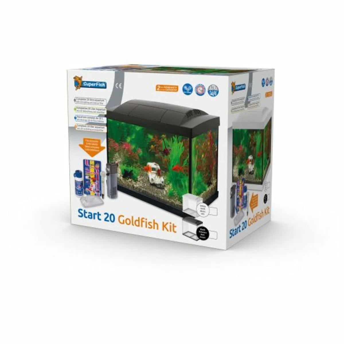 SF Goldfisch Start Set 20 schwarz inkl. LED Lampe, Innenfilter, Wasseraufbereiter, Futter, Thermometer und Kescher