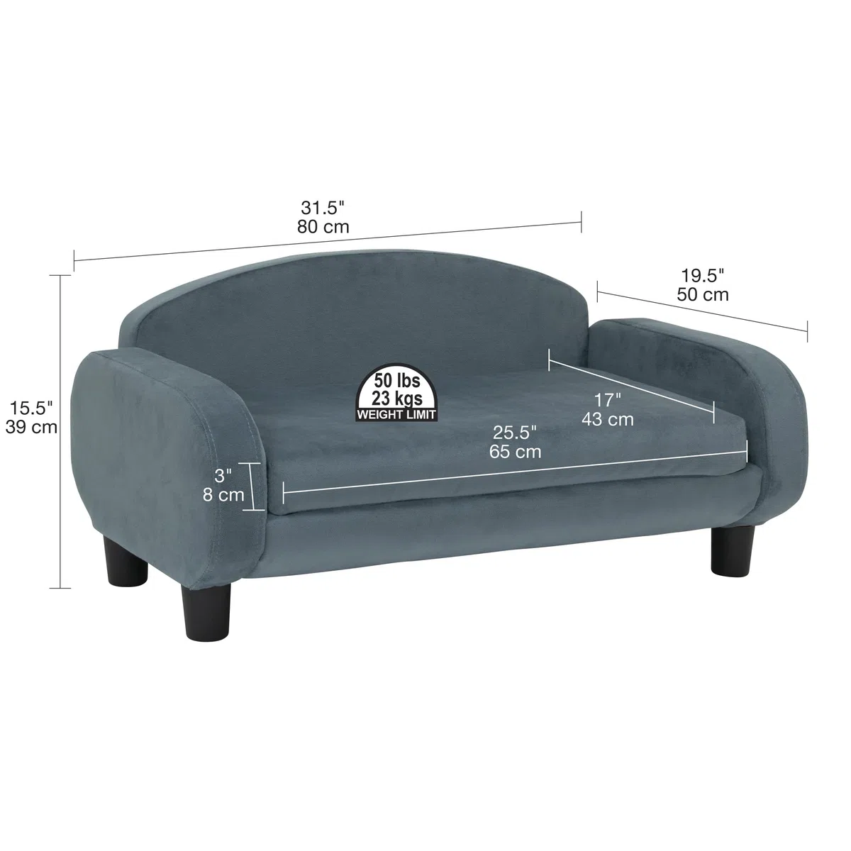 Paws & Purrs Modernes Haustier-Sofa, 80 cm breit, 49,5 cm tief, Liegebett mit tiefer Rückenlehne, Abnehmbarer Matratzenbezug